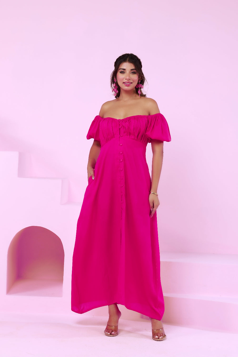 Hot Pink Off Shoulder Front Button A-line Dress Moonstruck Hot Pink Off Shoulder Front Button A-line Dress Moonstruck