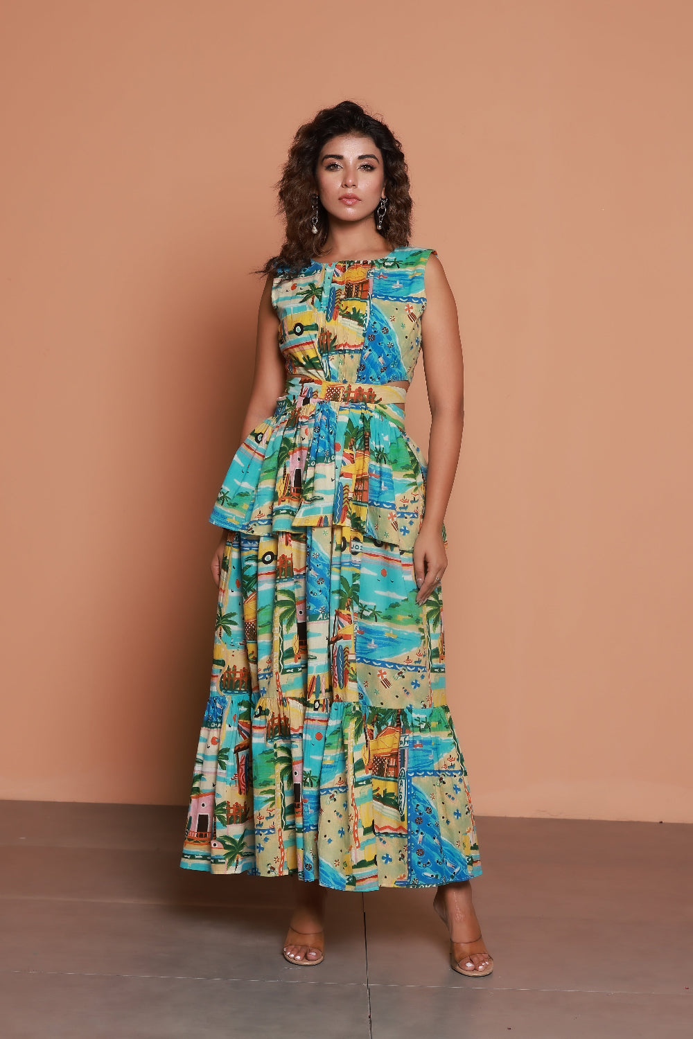 Aloha beach print waist cut-out peplum ruffle maxi dress – Moonstruck