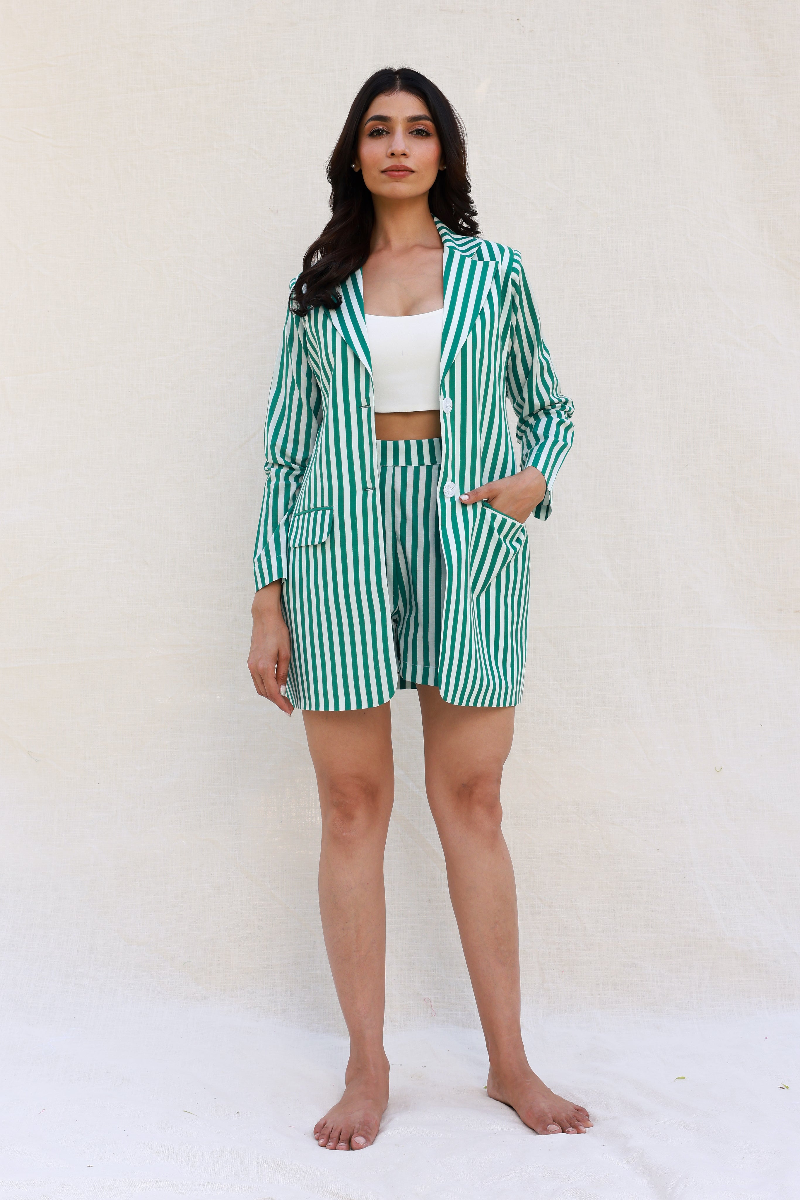 Zen Green Contrasted Jacket + Shorts 2-Piece Set main image 1