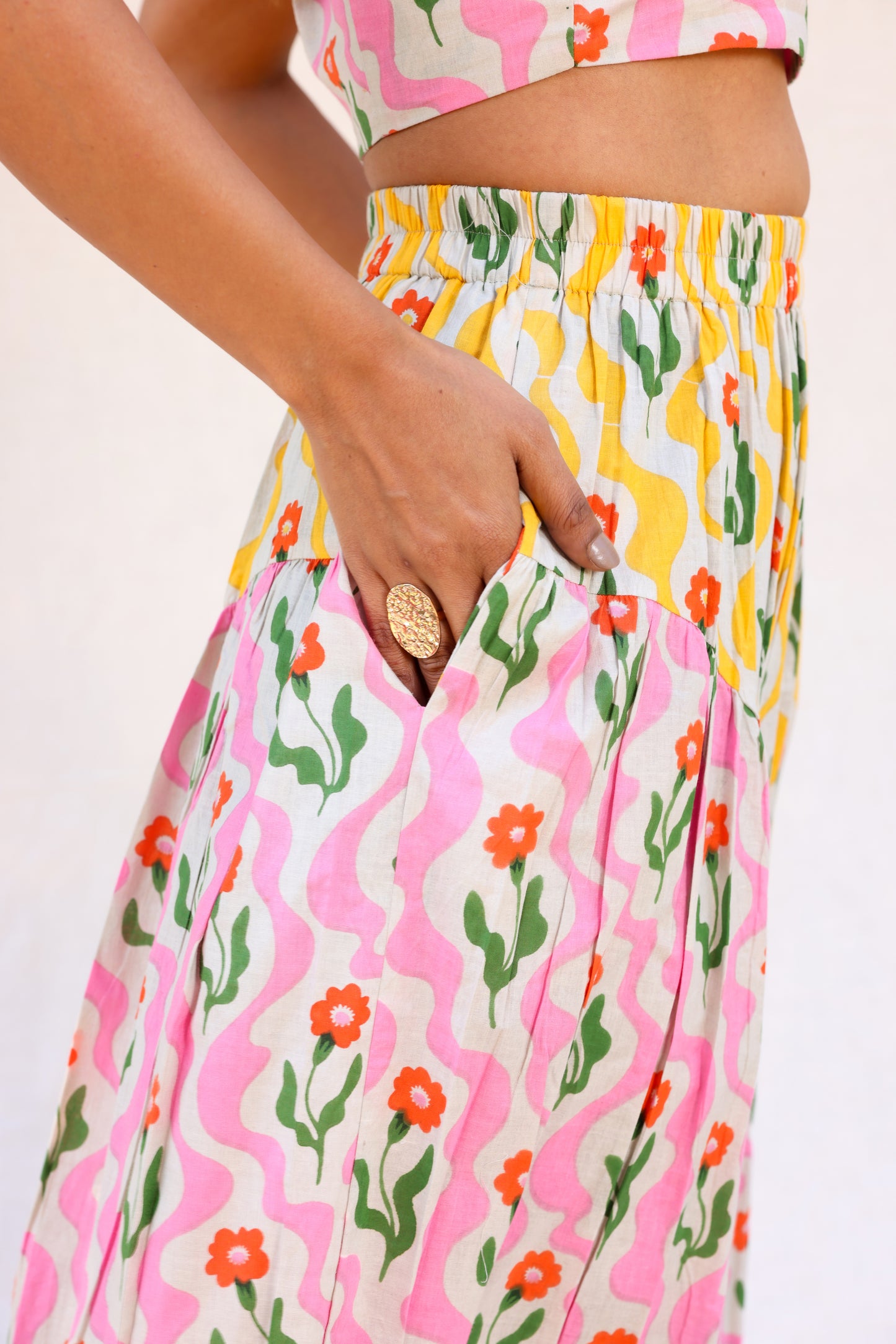 Strappy crop top with gathered skirt co-ord set