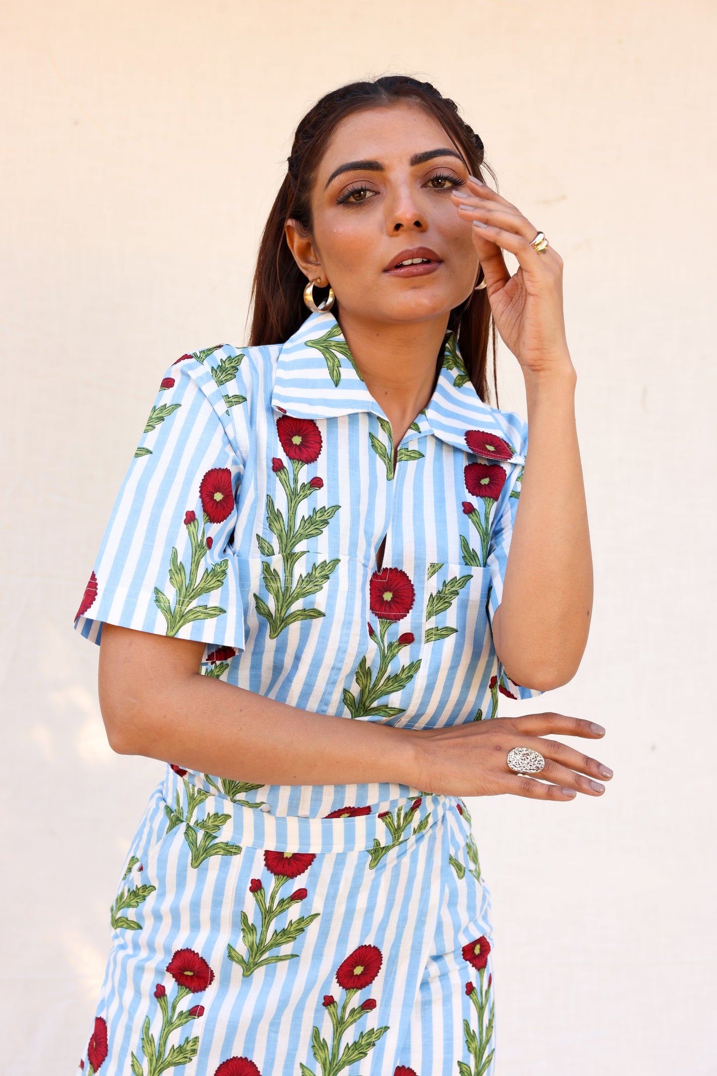 Red flower on blue stripes divider skirt with half sleeve shirt set Moonstruck