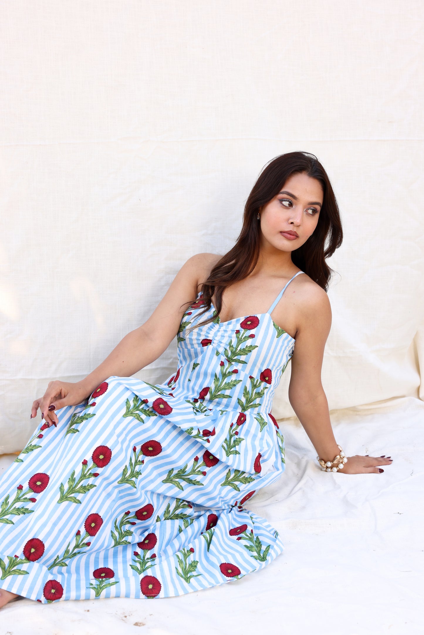Red flower on blue stripes strappy maxi dress