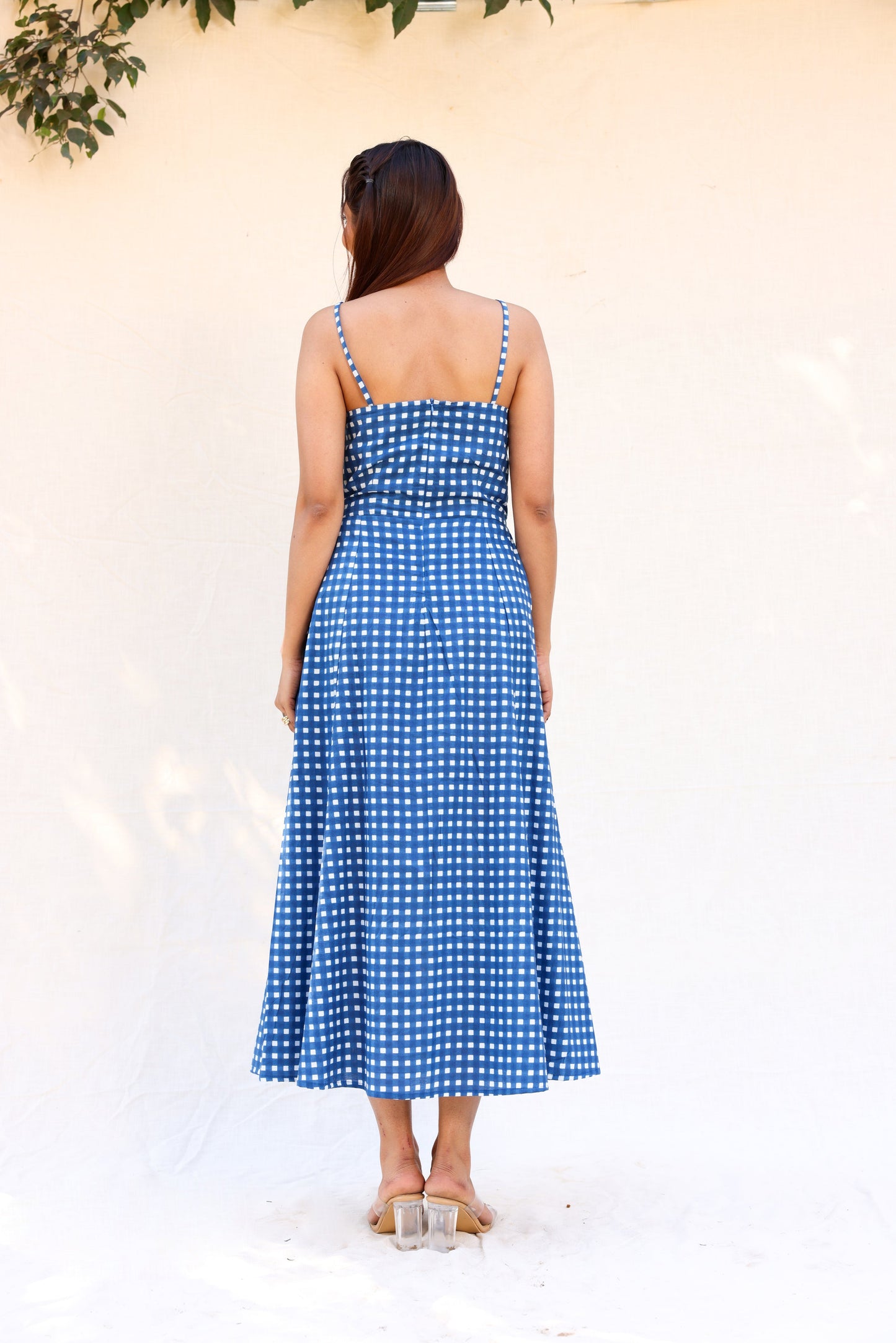 Blue checkerred strappy maxi dress Moonstruck