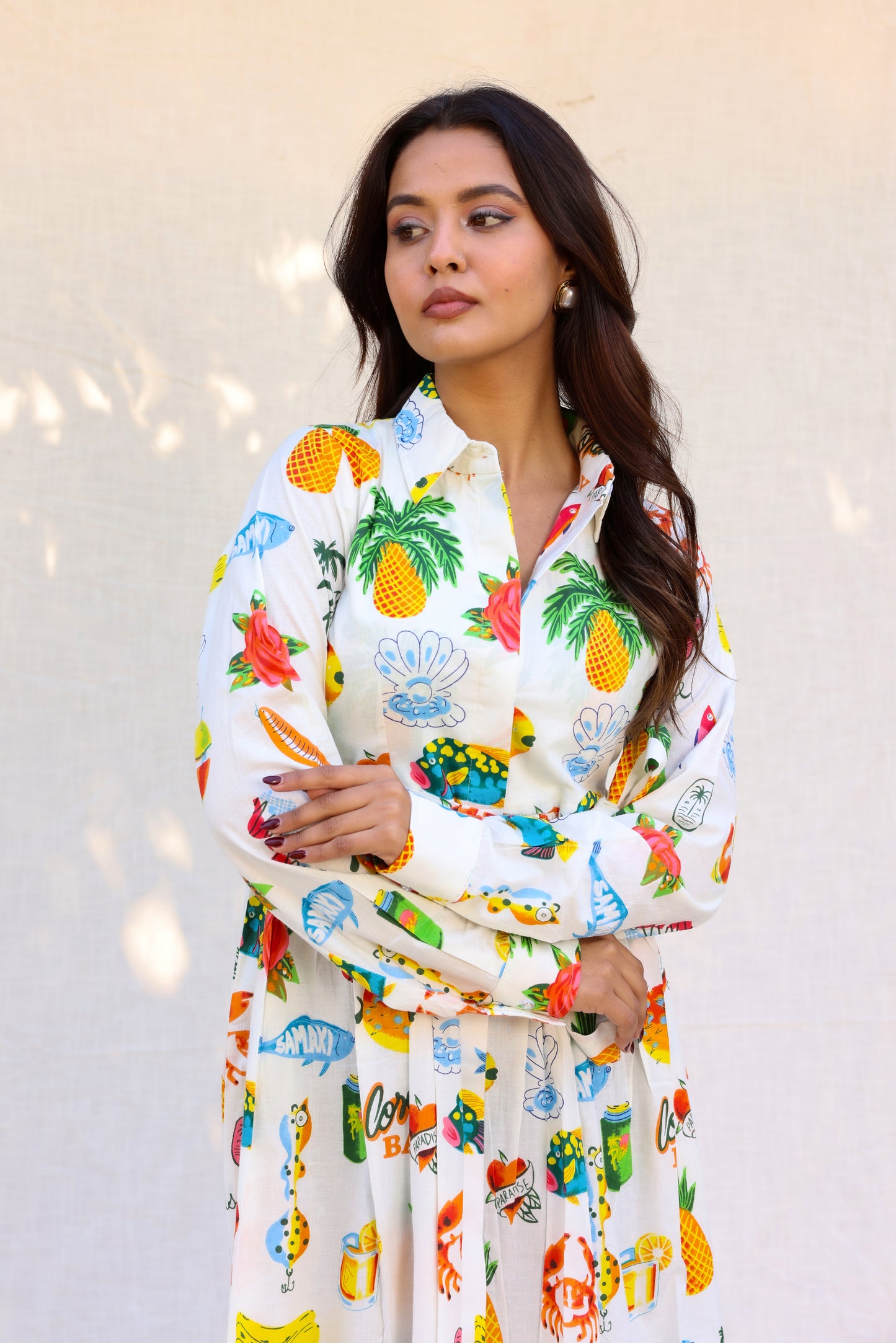 Colorful print shirt style maxi dress