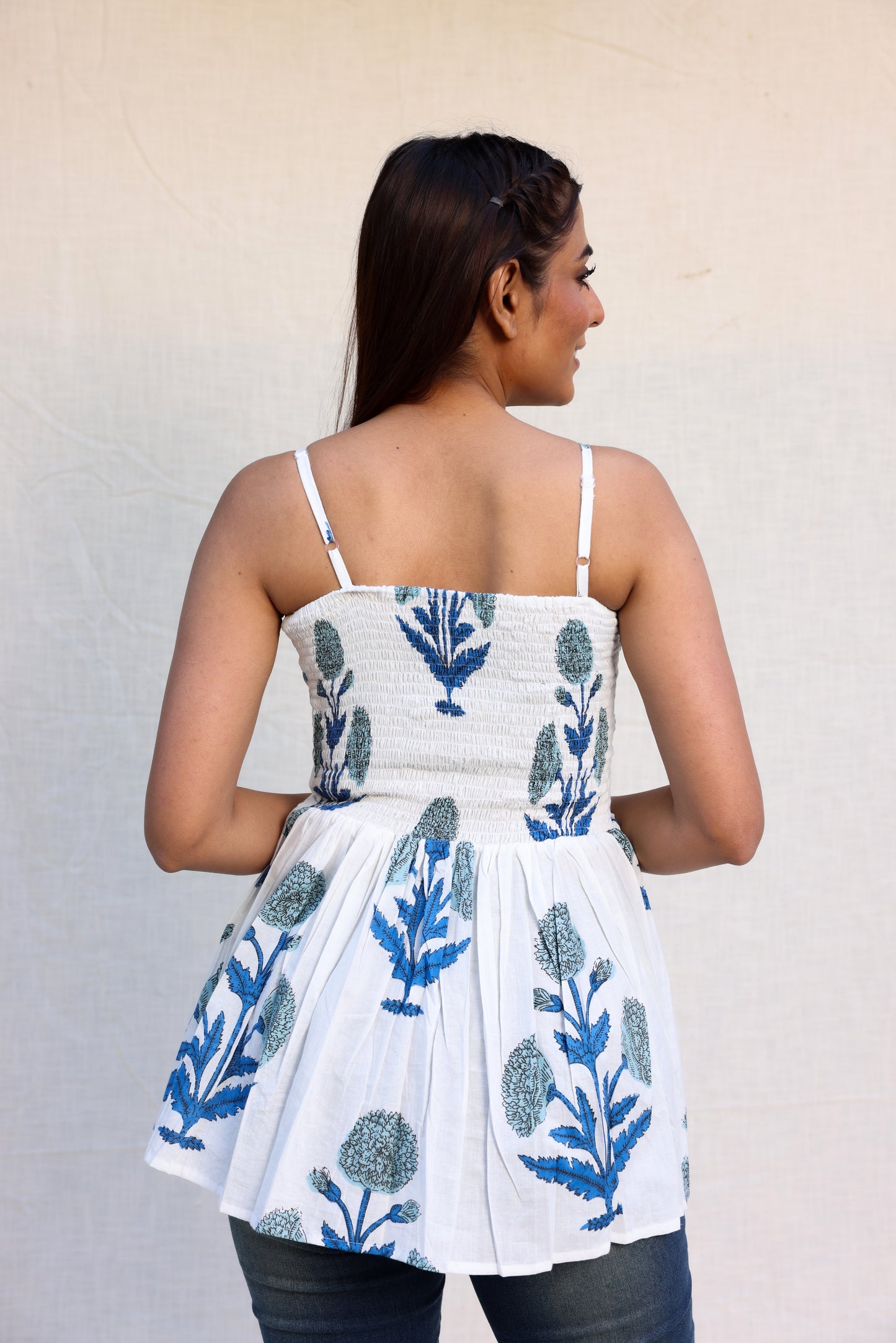 Block printed strappy peplum top