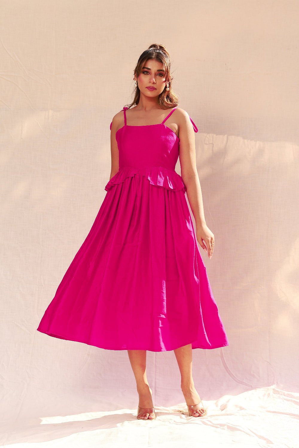 Shop Stylish Deep Pink Waist Ruffle Strappy Midi Dress – Moonstruck Shop Stylish Deep Pink Waist Ruffle Strappy Midi Dress – Moonstruck