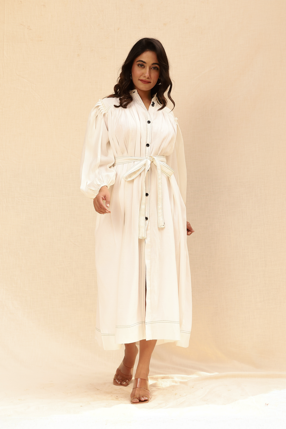 White full sleeve maxi dress with black contrast piping Moonstruck White full sleeve maxi dress with black contrast piping Moonstruck