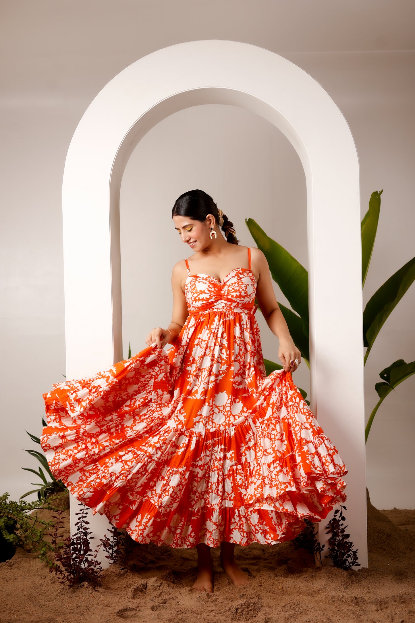 Orange & White Floral Print Back Tie Knot Maxi Dress