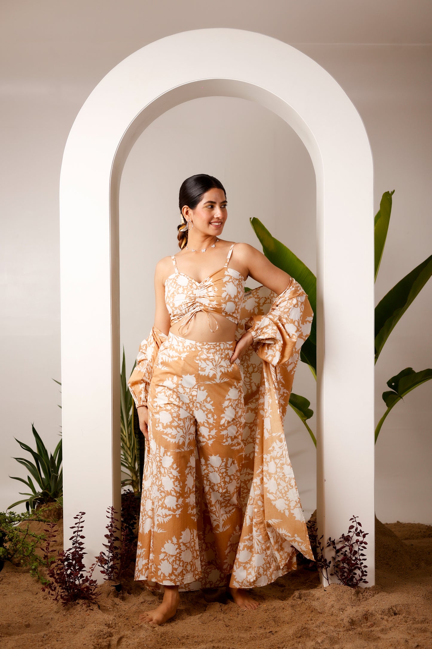 Beige floral print three piece Co-Ord Set