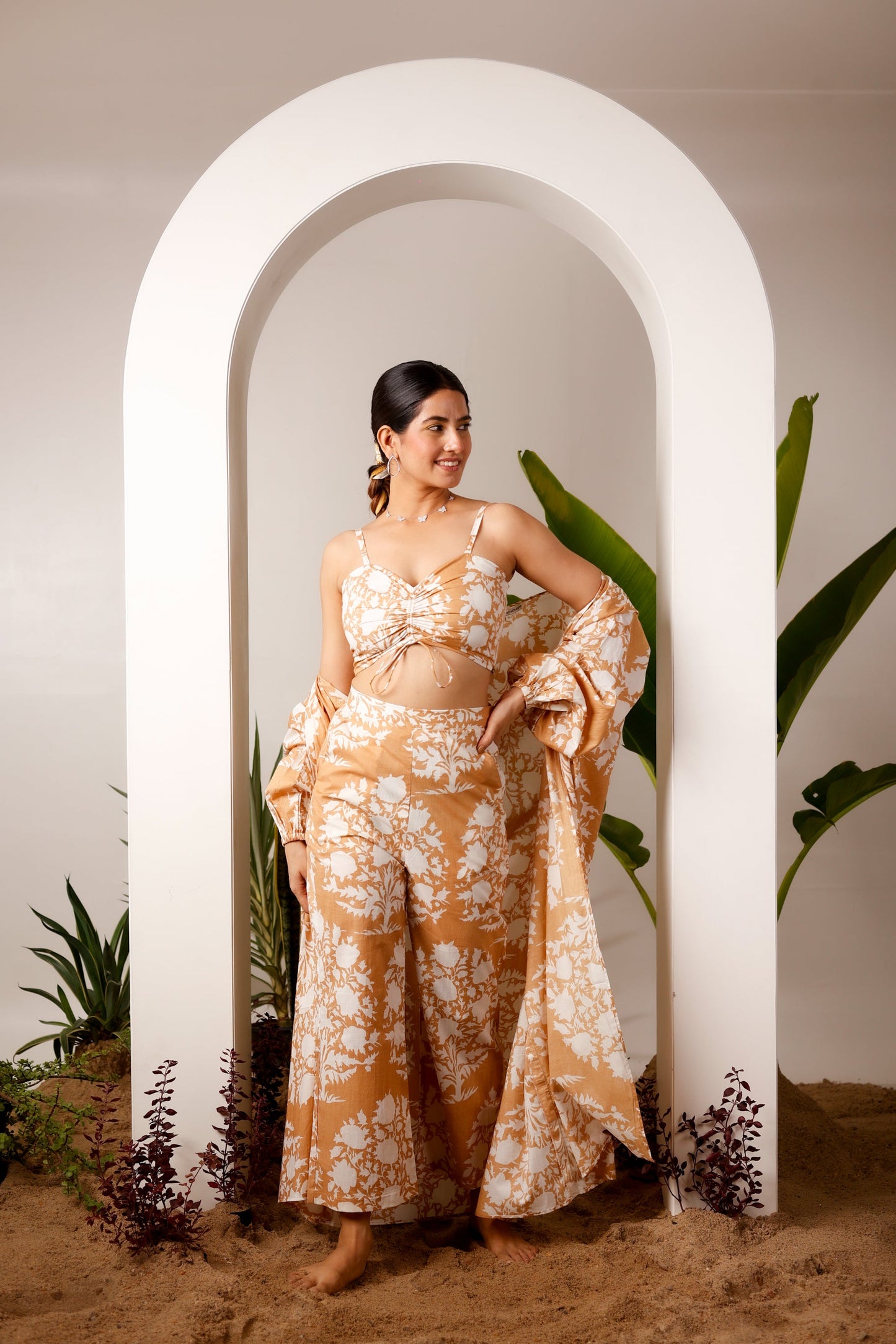 Beige floral print three piece Co-Ord Set MoonStruck