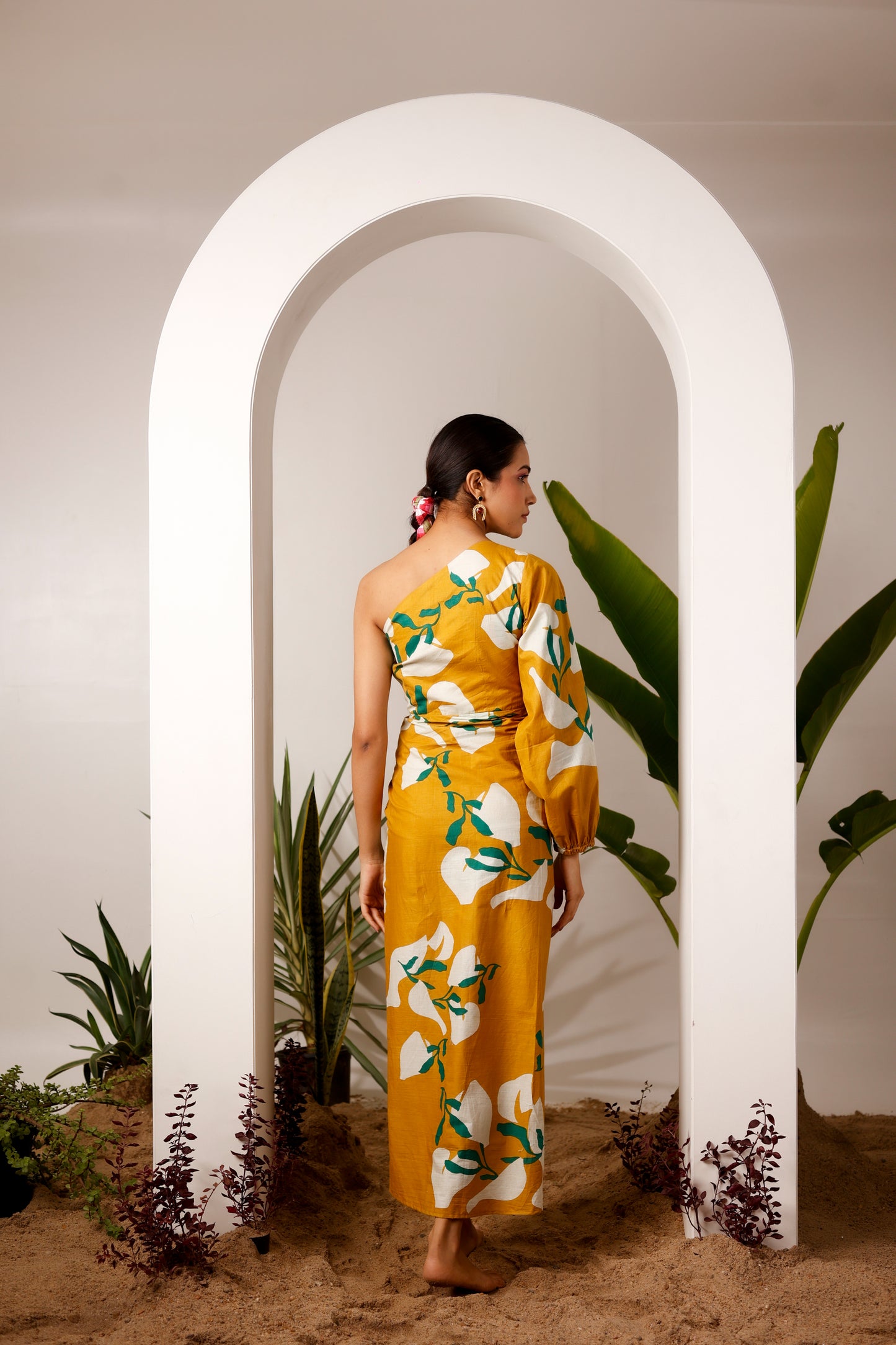Ochre print one shoulder drape maxi