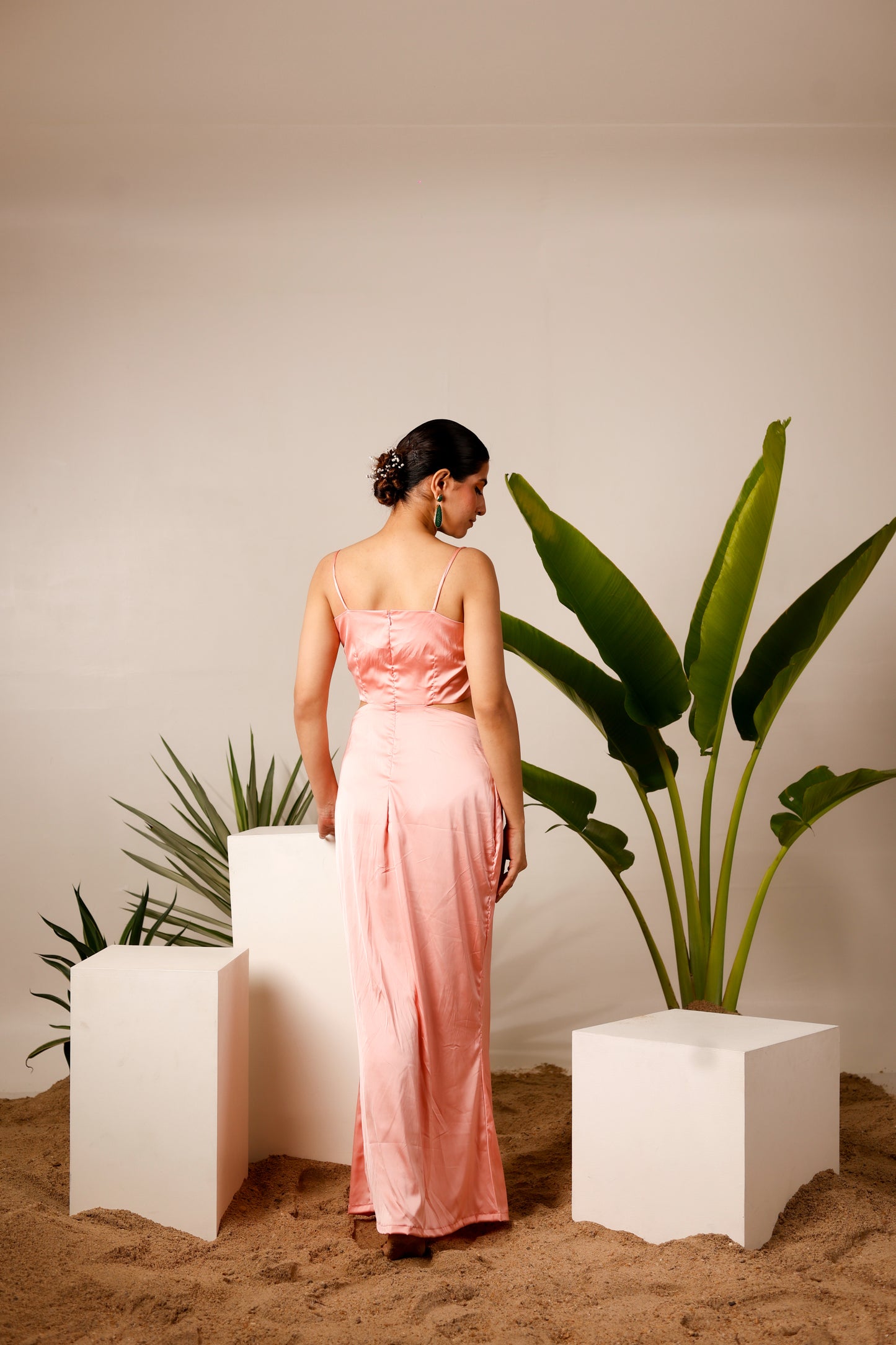 Satin cowl neck & waist cut-out maxi dress