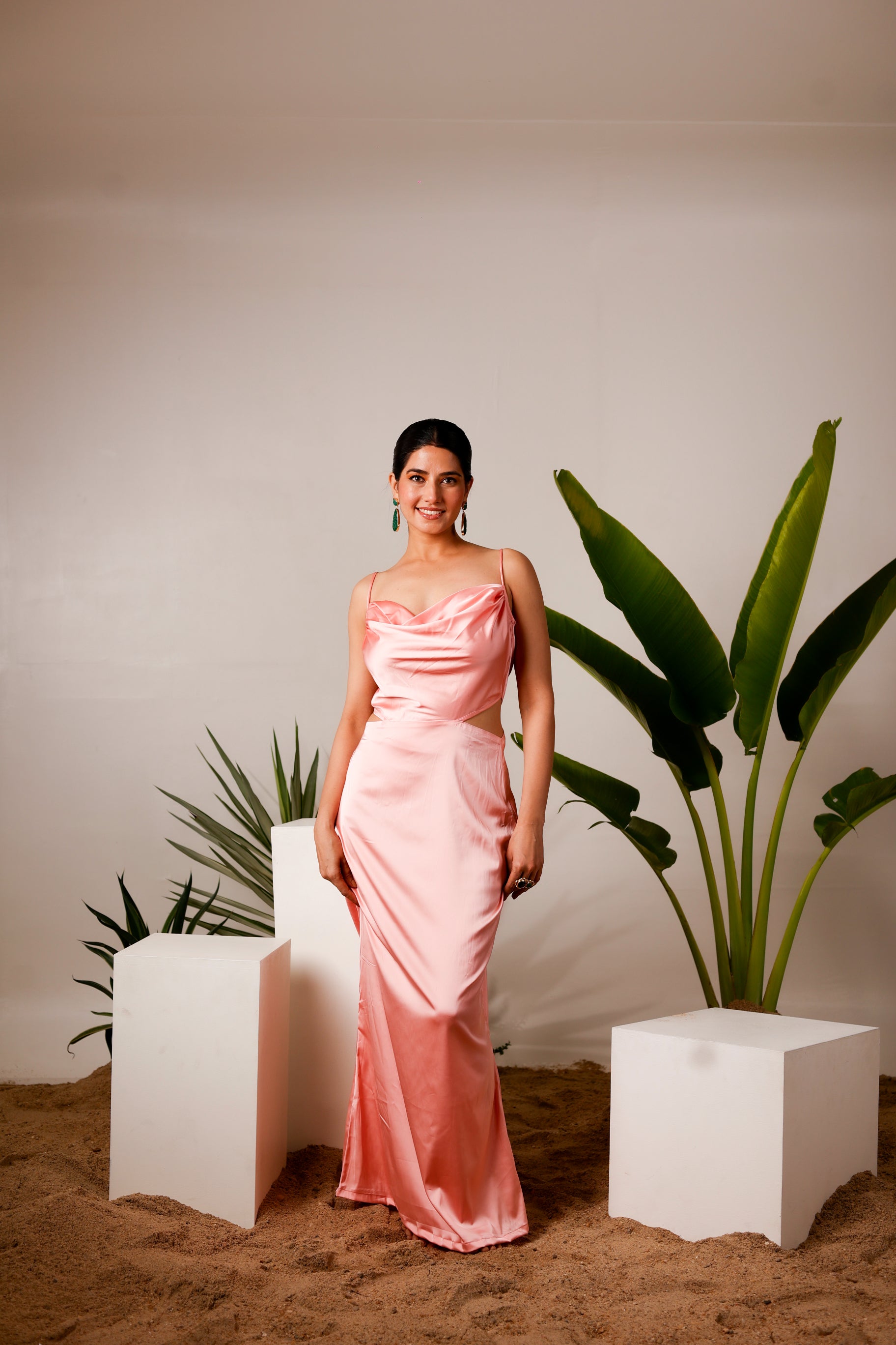 Satin cowl neck & waist cut-out maxi dress – Moonstruck Satin cowl neck & waist cut-out maxi dress – Moonstruck