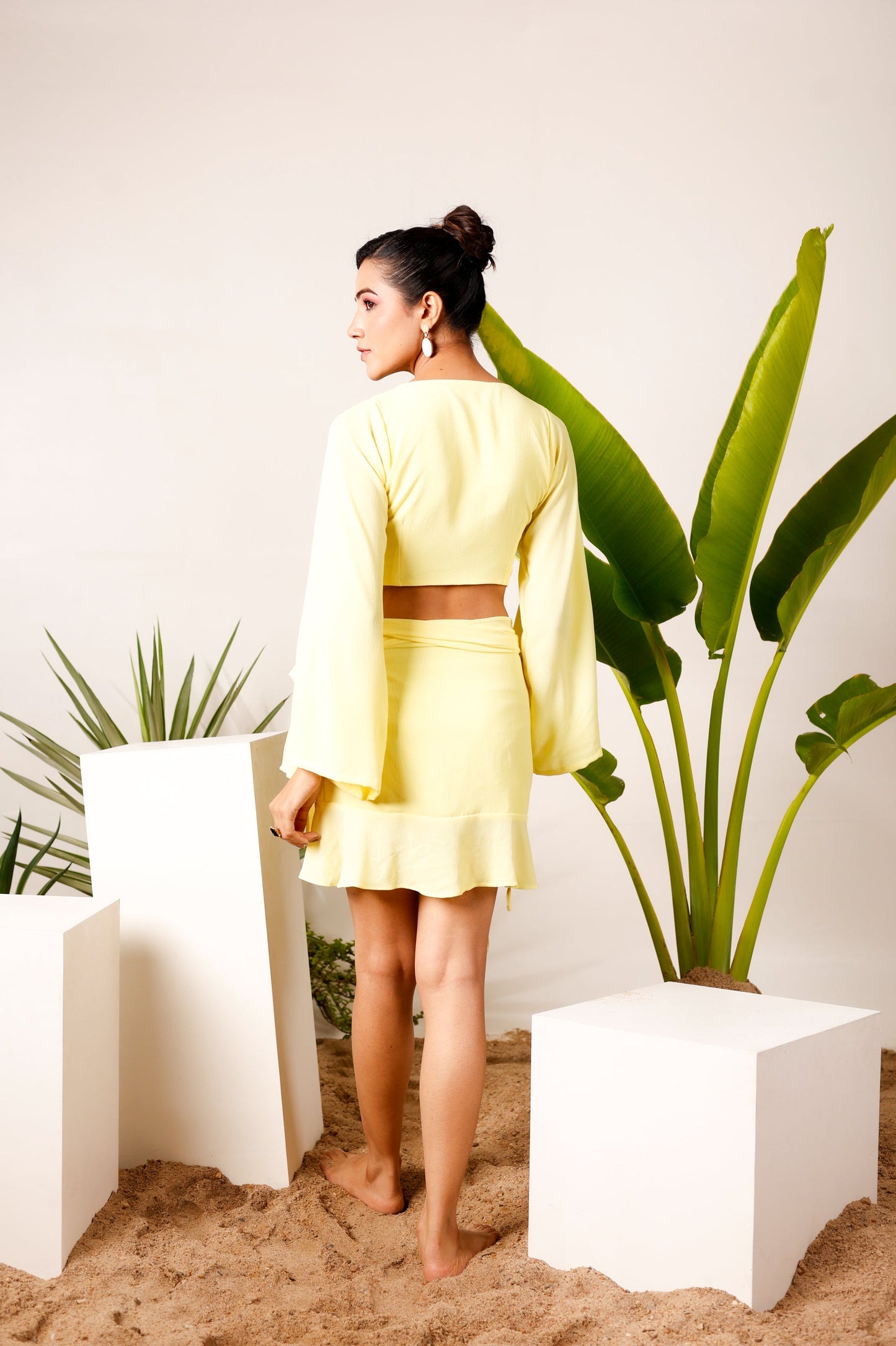 Deep V-neck yellow tie knot crop top with sarong skirt Co-Ord Set MoonStruck