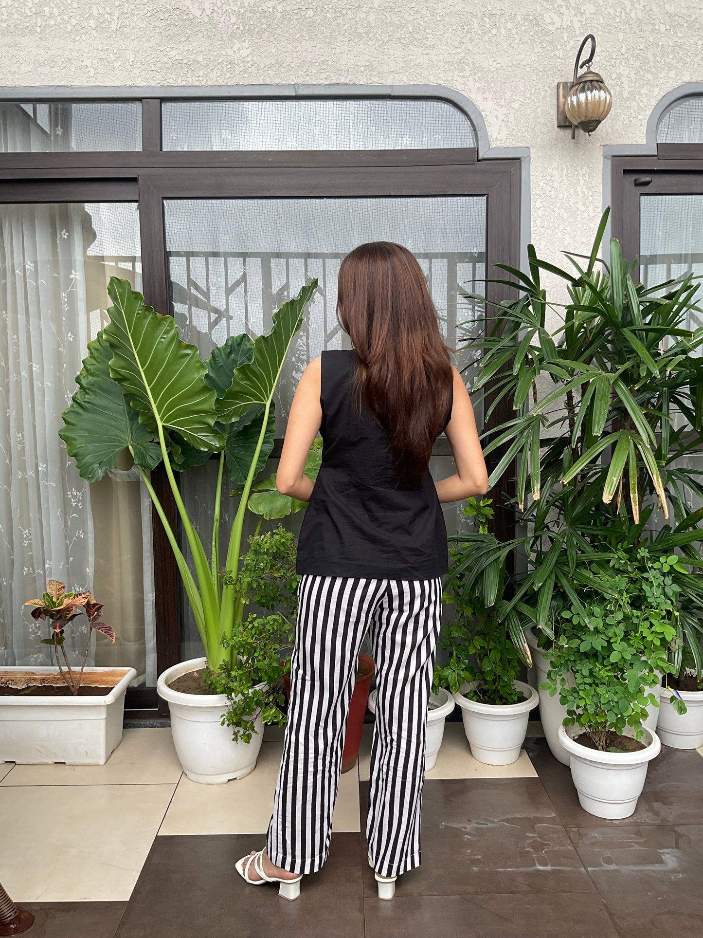 Black & White Stripped Pants with Black Waist Coat Set Moonstruck