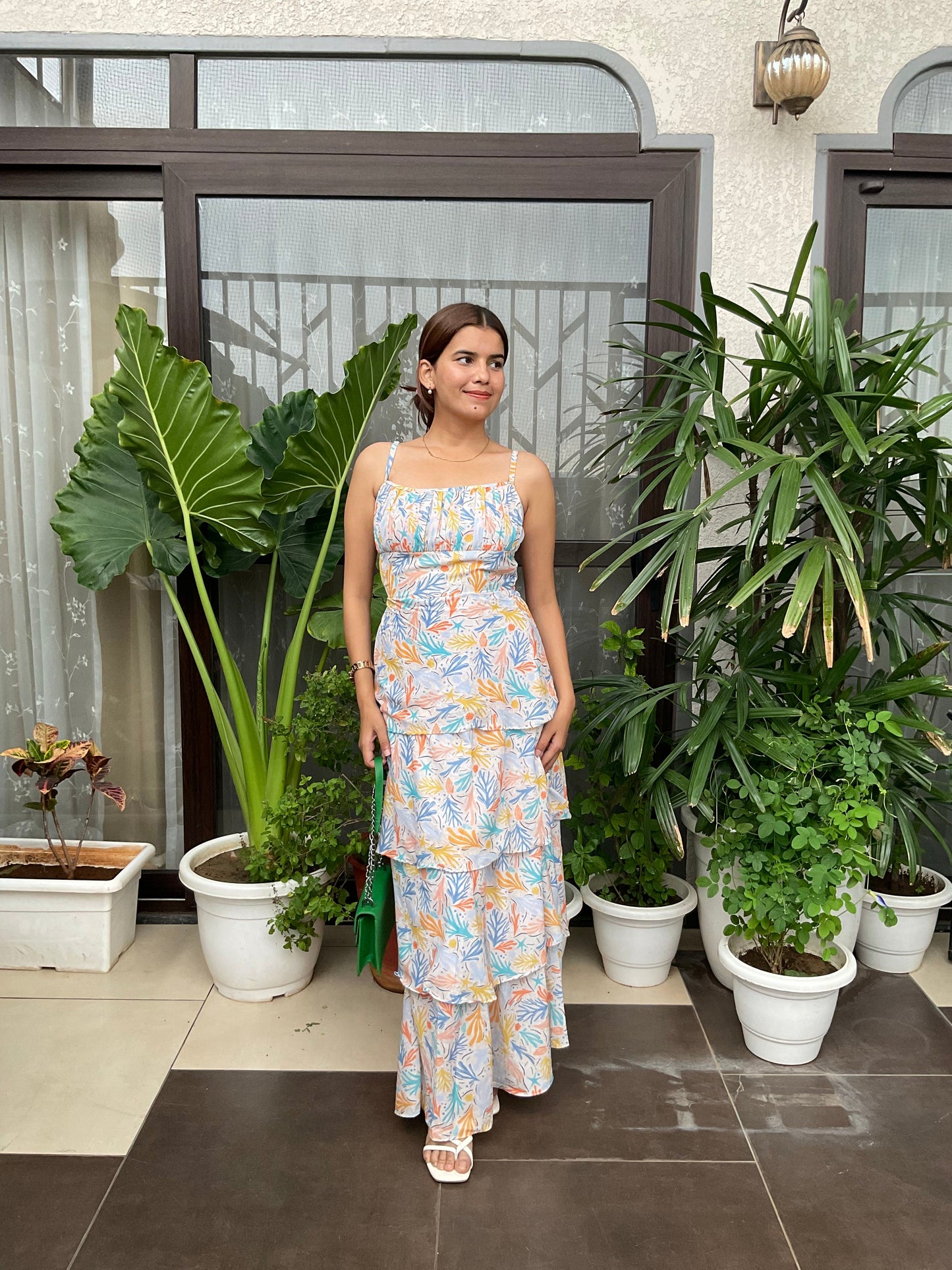 Multicolor Leaf Print Layer Maxi dress Moonstruck