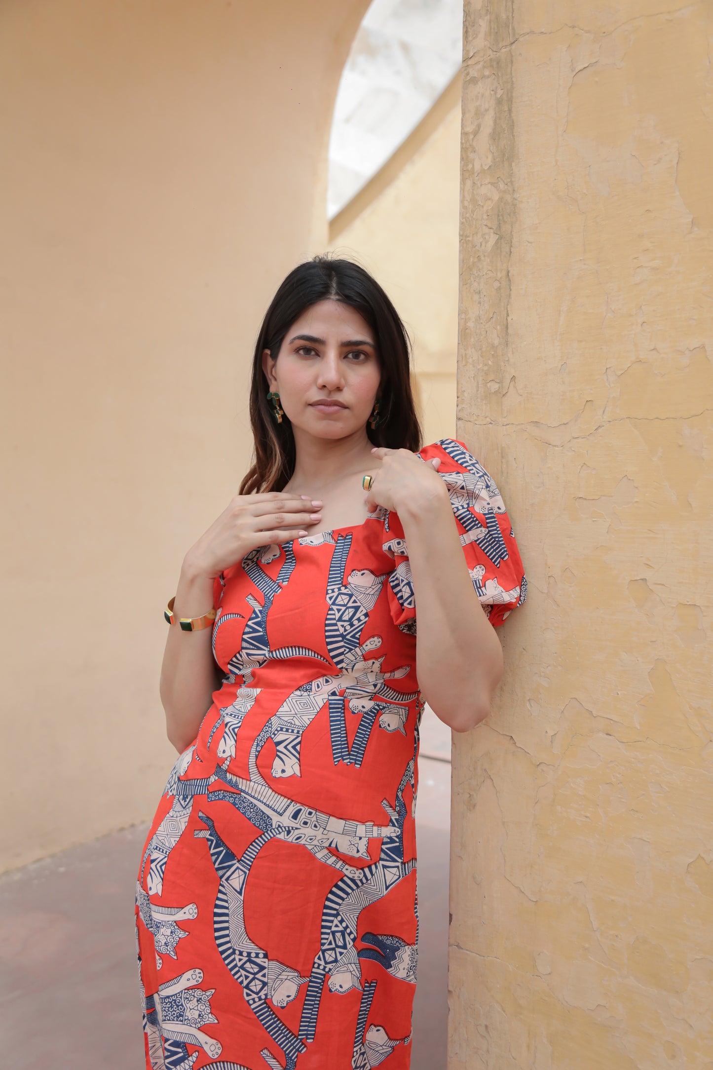 Cat print orange bodycon cotton midi dress