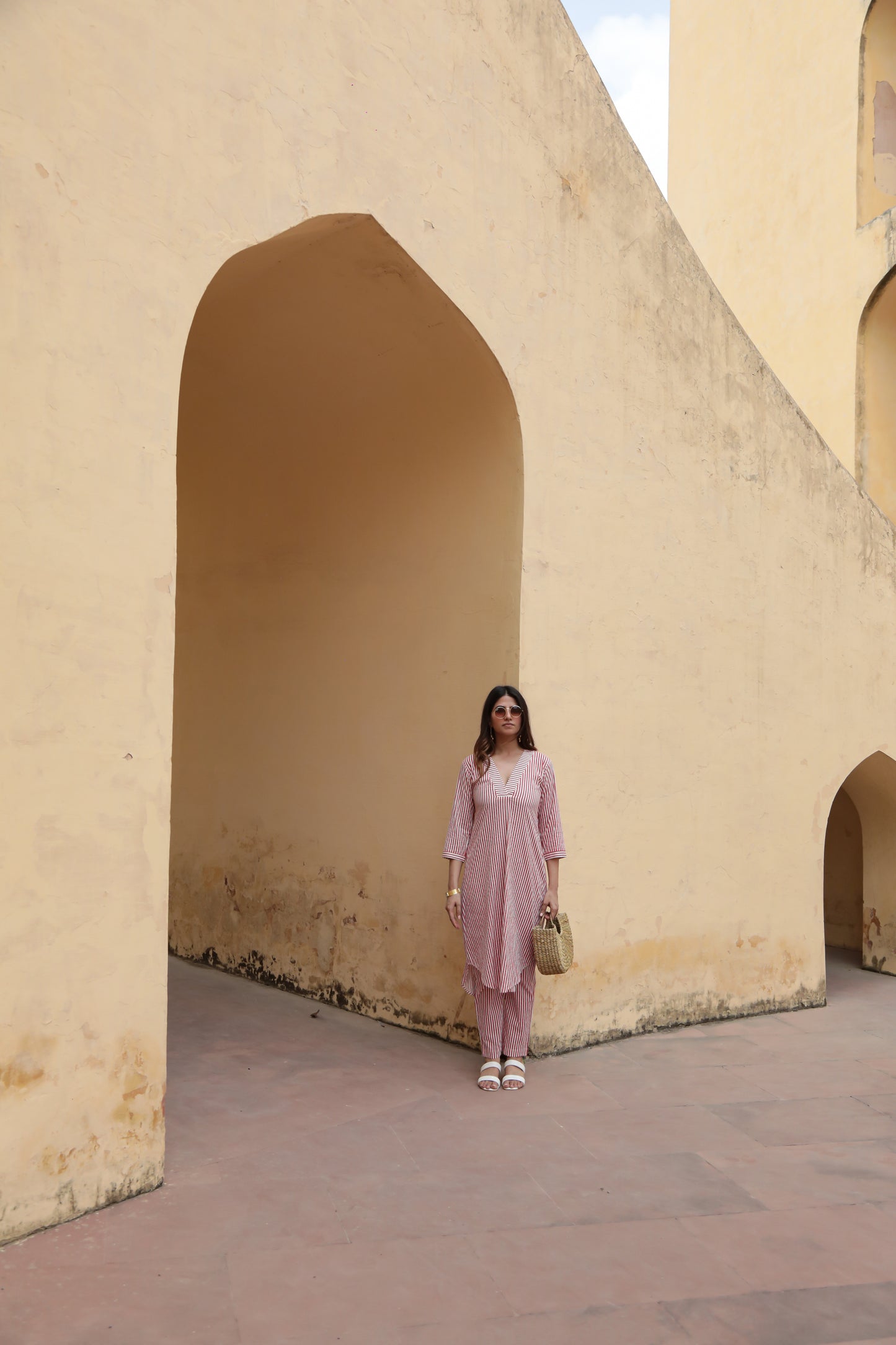 V-neck red & white stripped kurta pants set