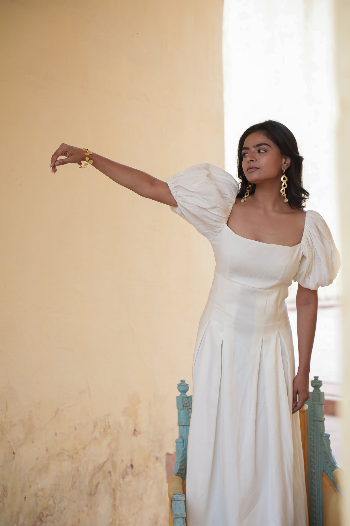 White self textured box pleated maxi dress