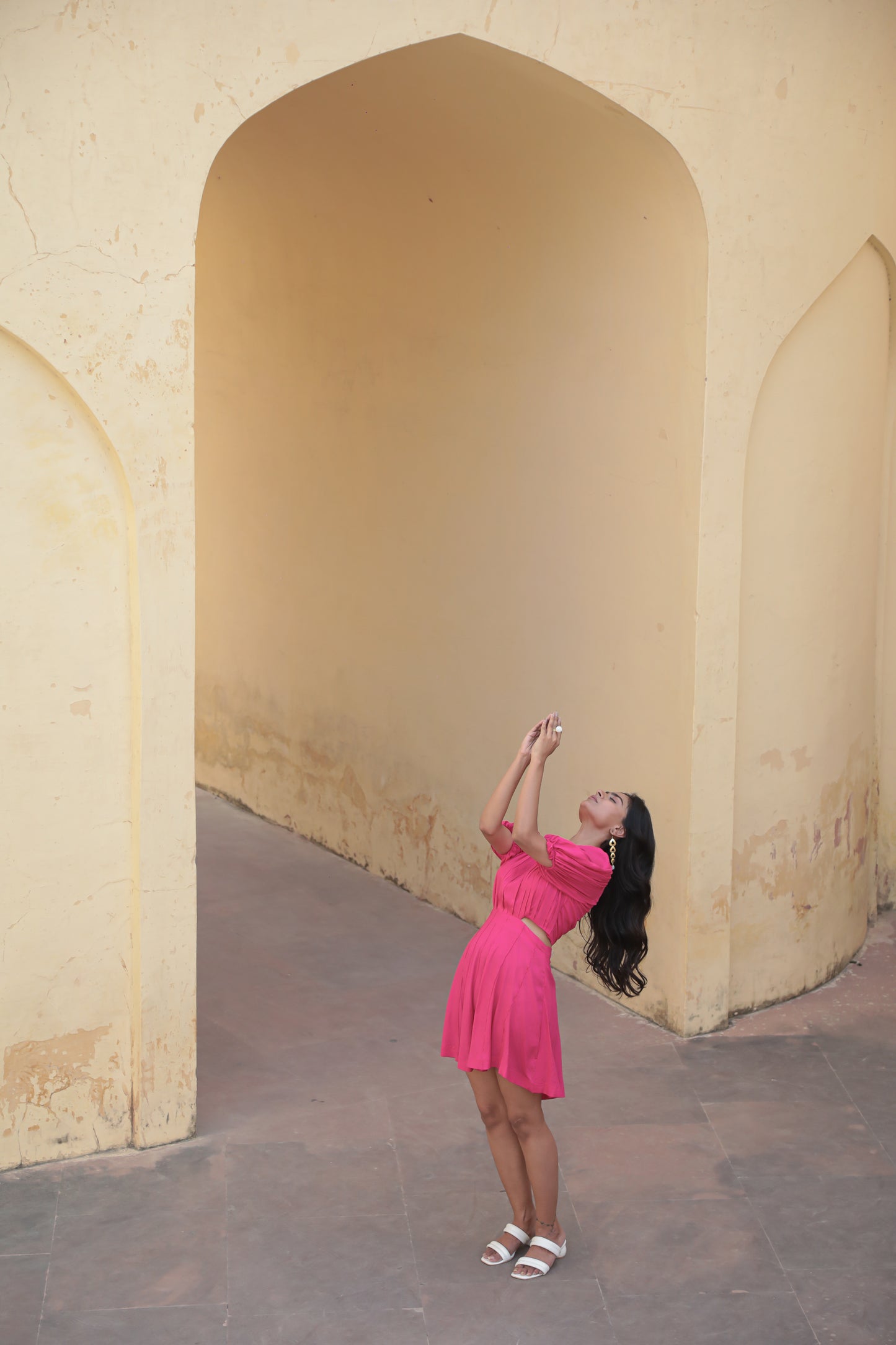 One Side Waist Cut Out Hot Pink Dress for women