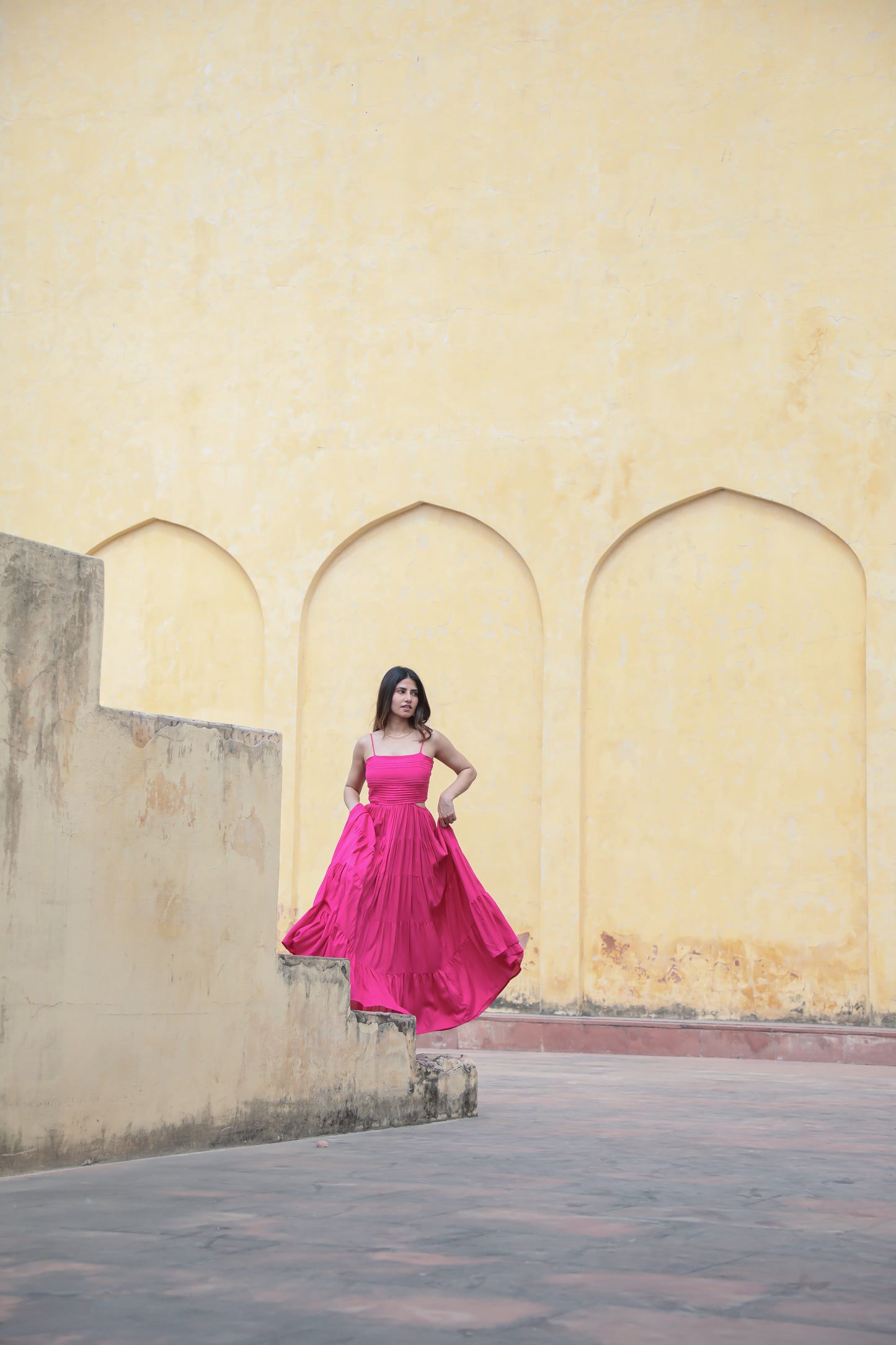 Side waist cut-out hot pink tier maxi