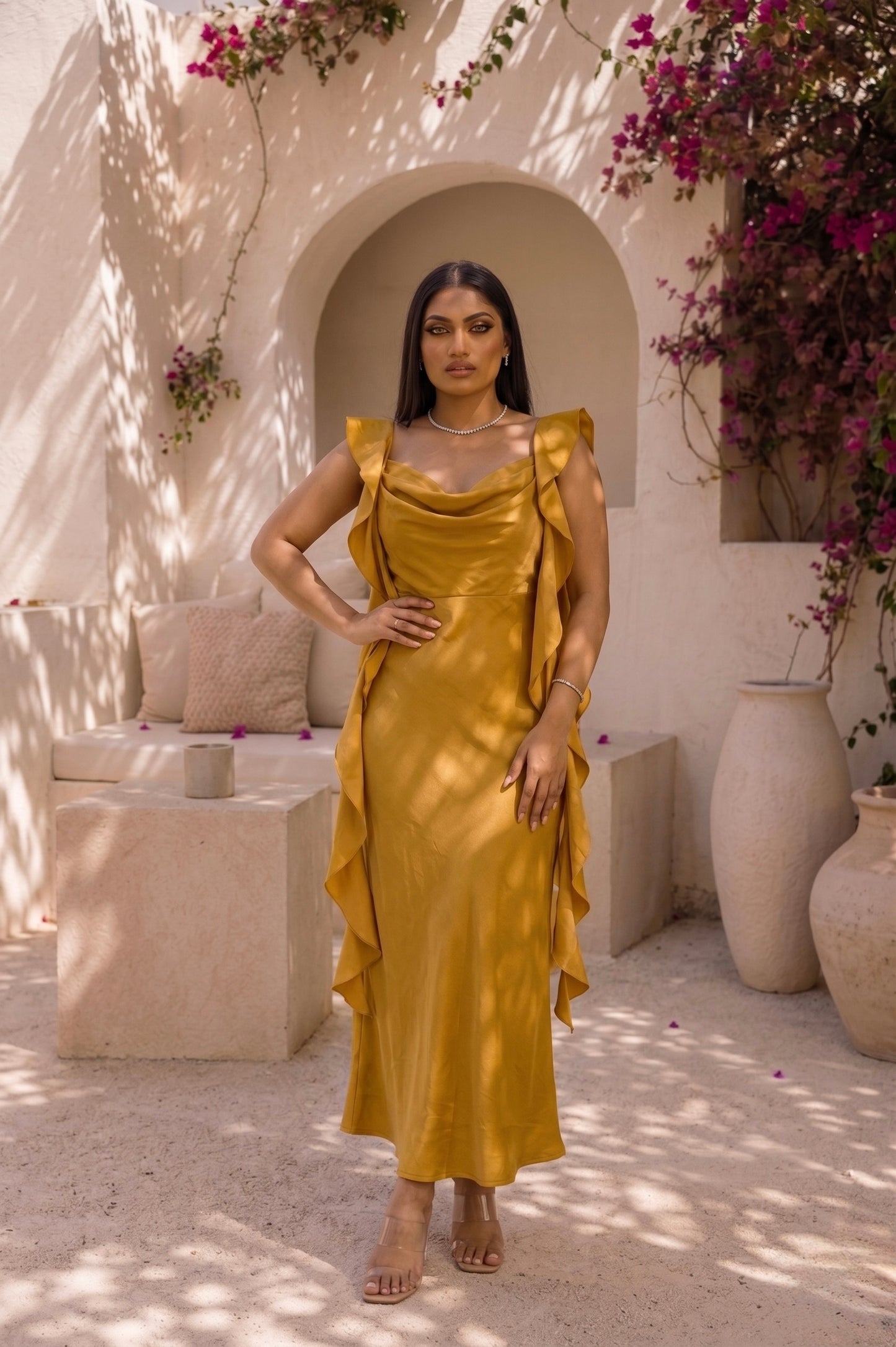 Amber Glow Satin Midi Dress
