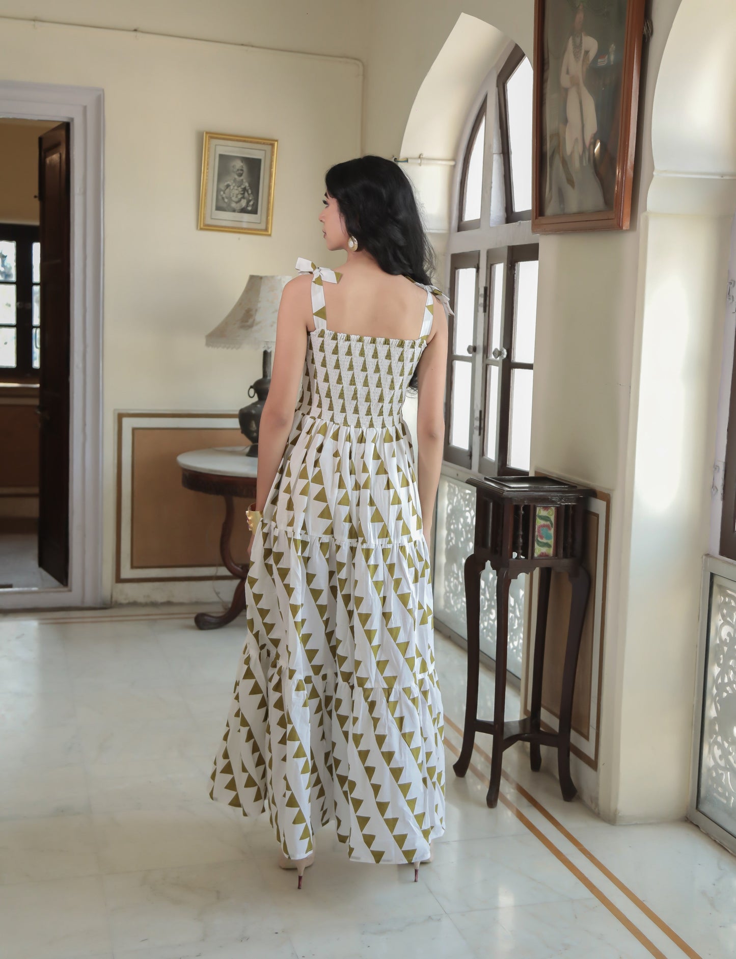 Shoulder Knot & Smocked Triangle Print Tier Maxi Dress Moonstruck