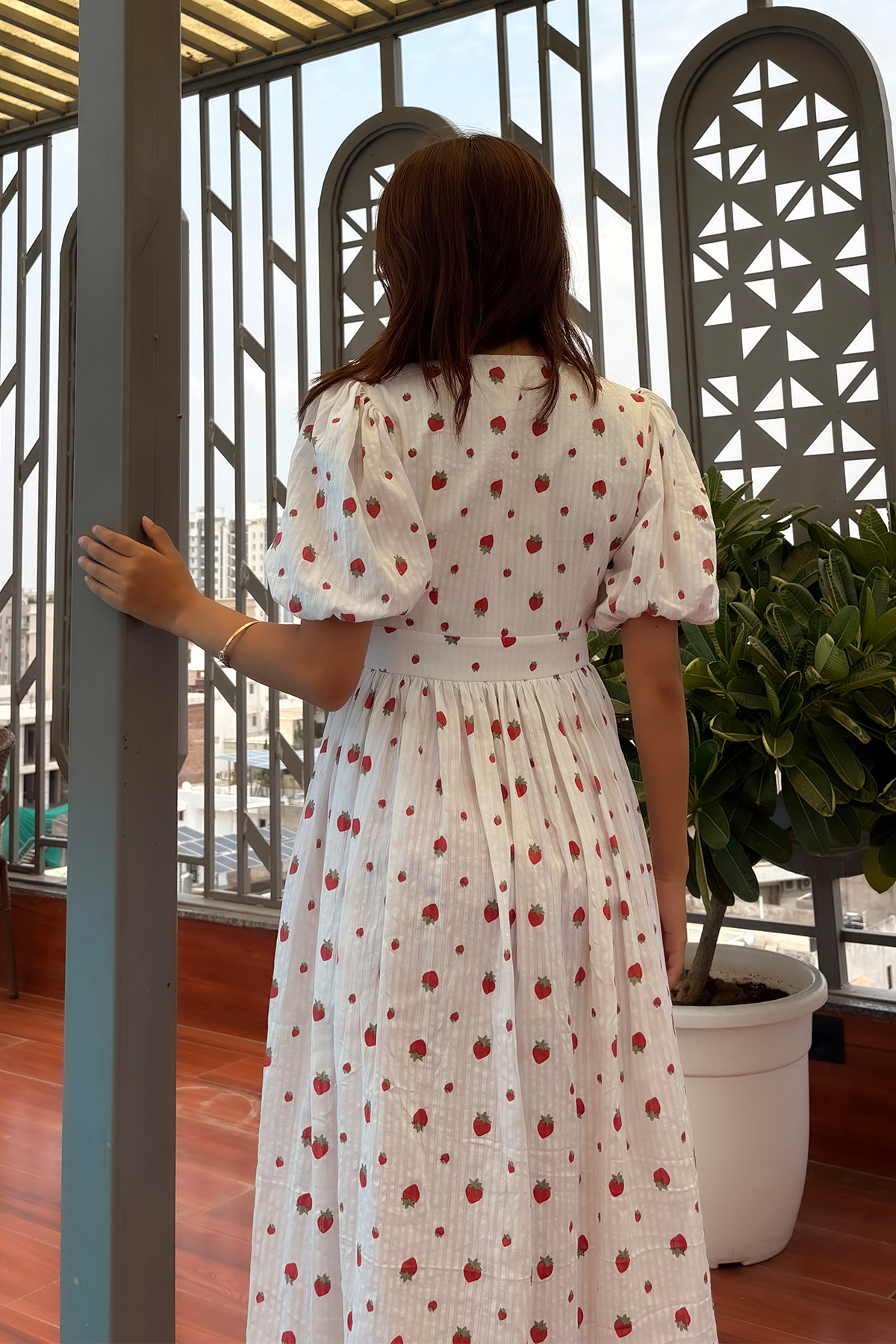 Strawberry Print Balloon Sleeve Maxi Dress