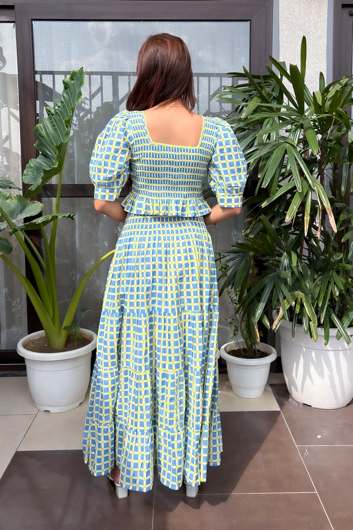 Blue Checkered Smocked Top and Skirt Co-ord Set