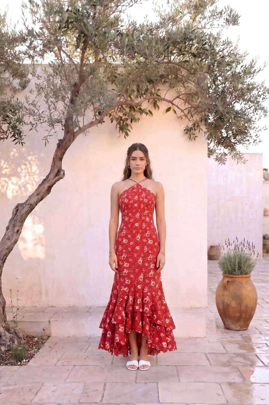 Senorita Halter Maxi Dress – Red Floral