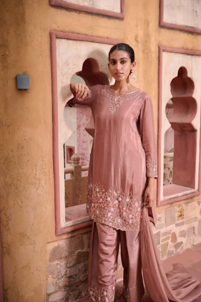 Onion Pink Straight Kurta with Palazzo Pants