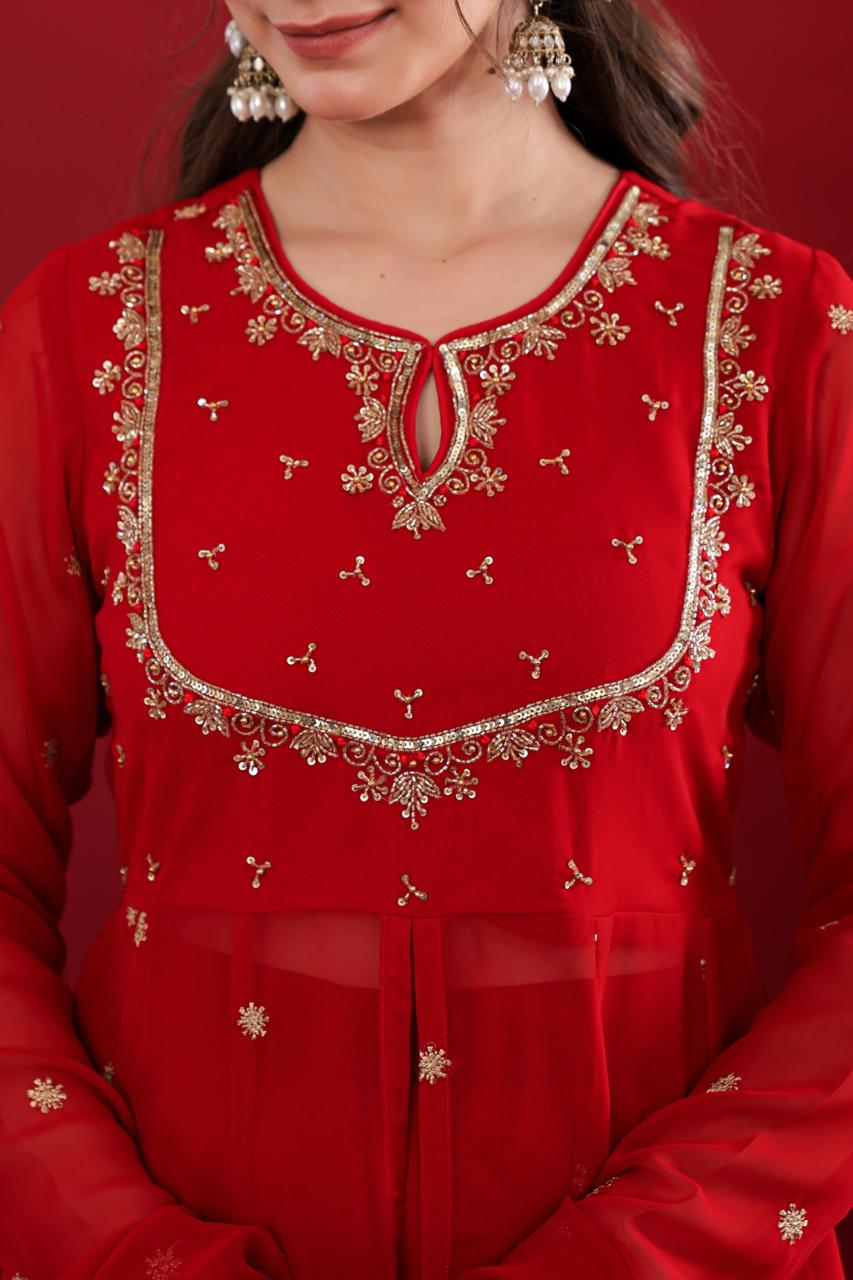 Deep Red Long Kurta with Pants Set Moonstruck