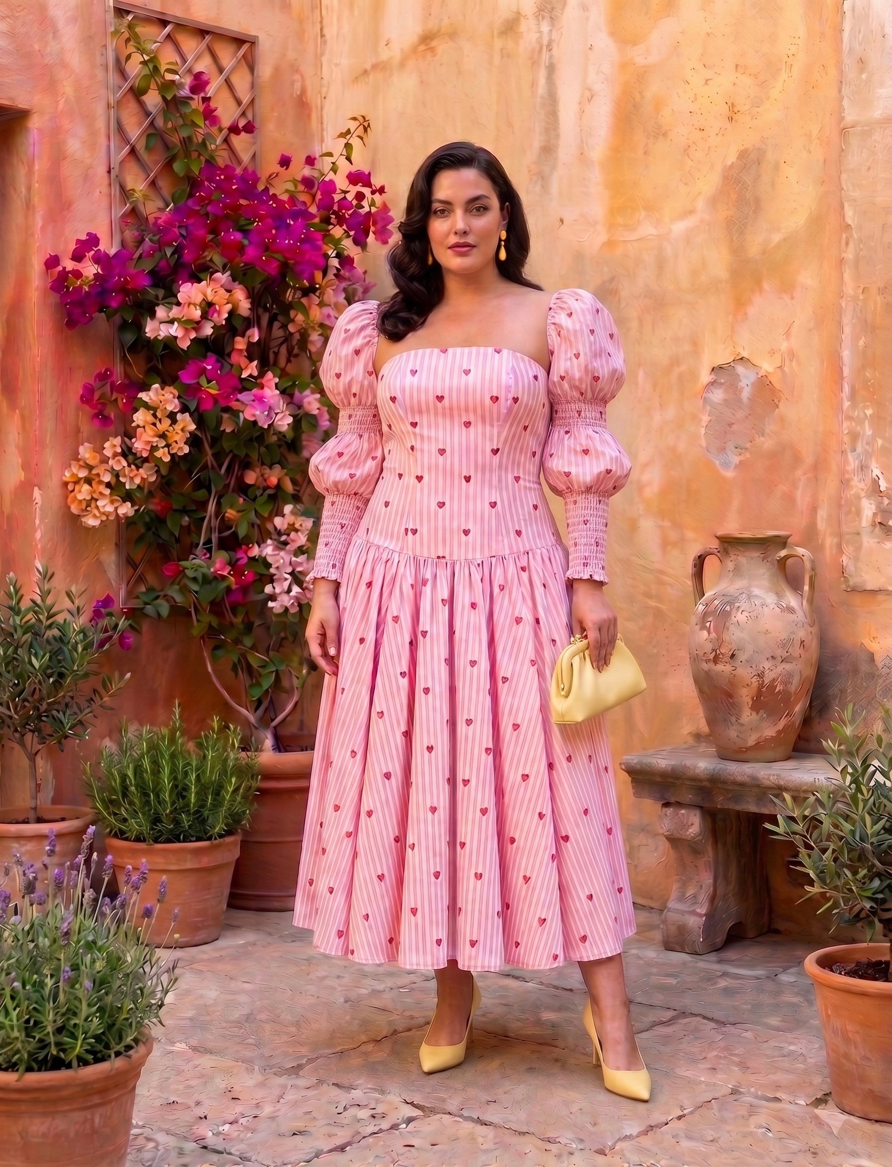 Women's Pink Heart Print Puff Sleeve Midi Dress – Moonstruck
