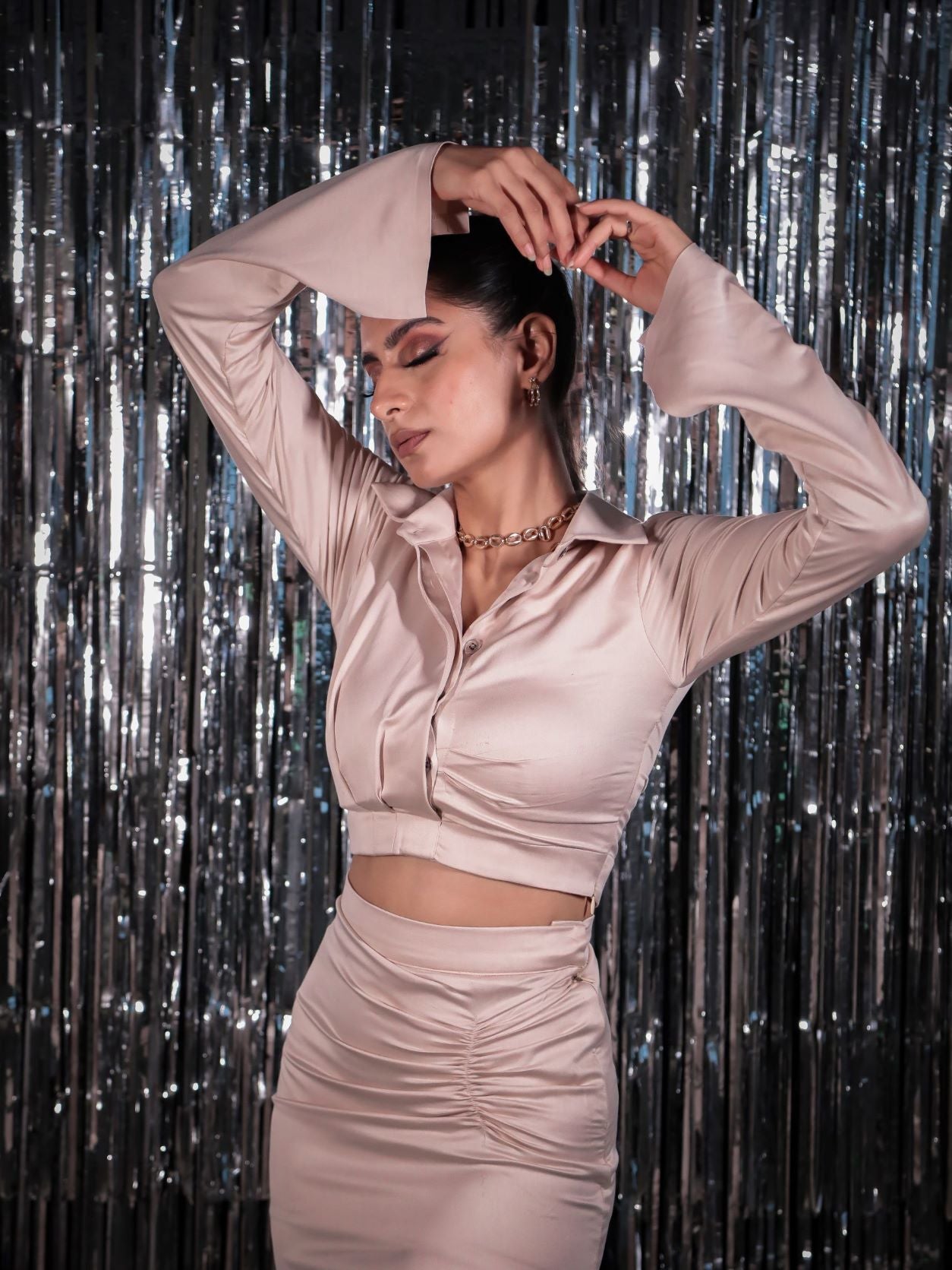 Cream Crop Shirt & Runched Skirt Co-ord Set