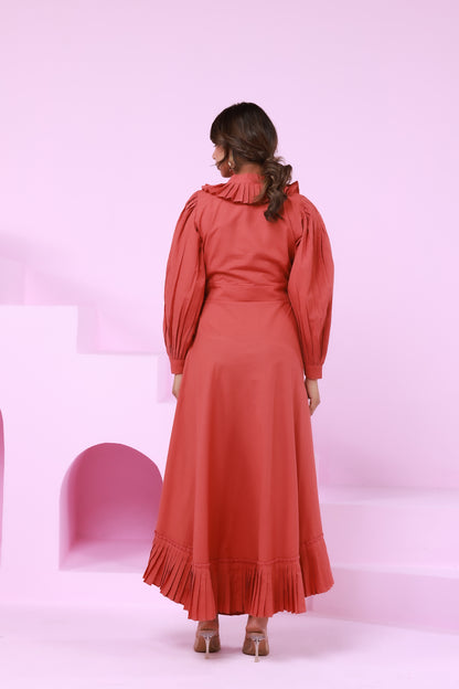 Full sleeve maxi dress with pleated ruffle hem