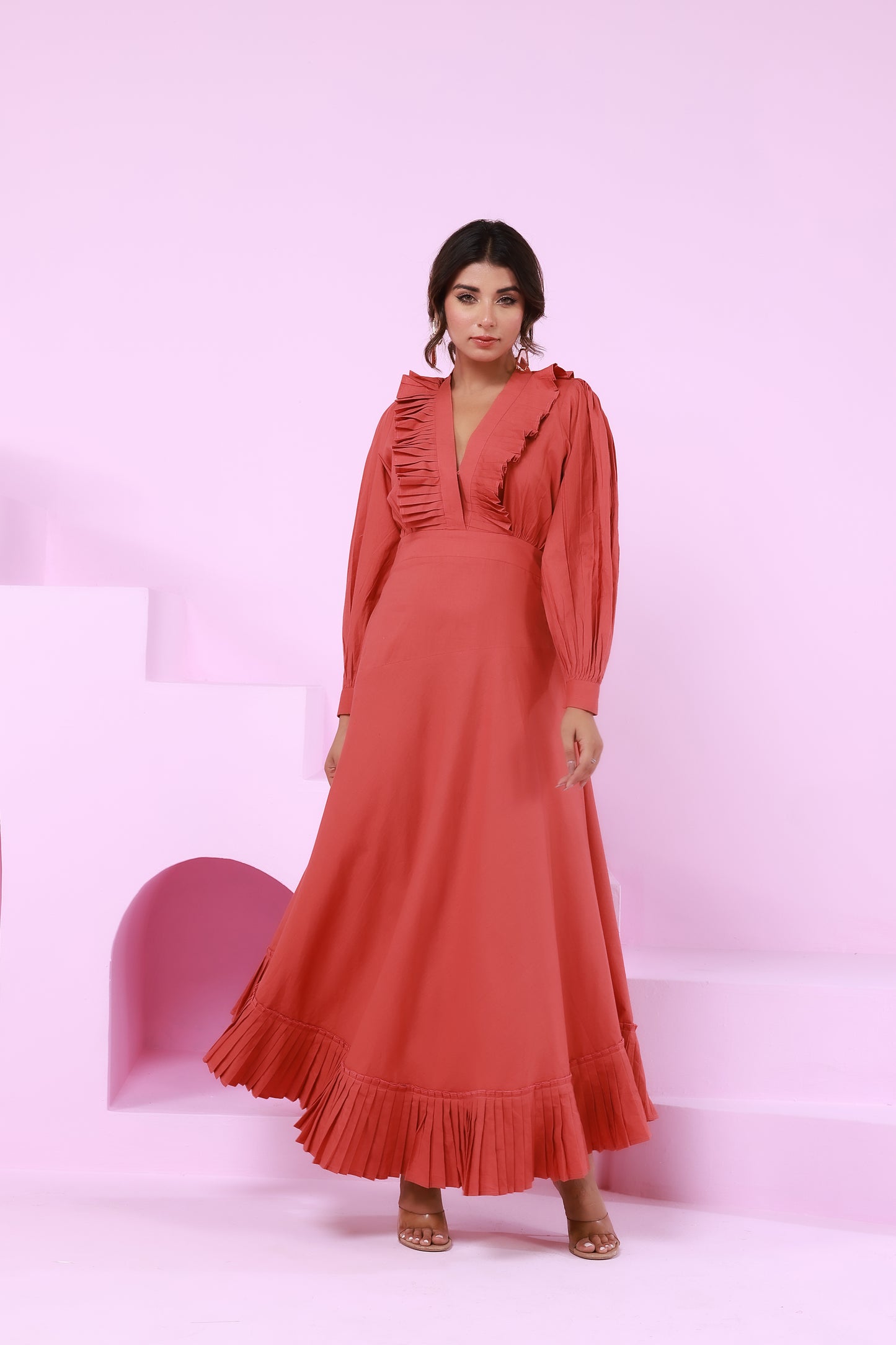 Full sleeve maxi dress with pleated ruffle hem