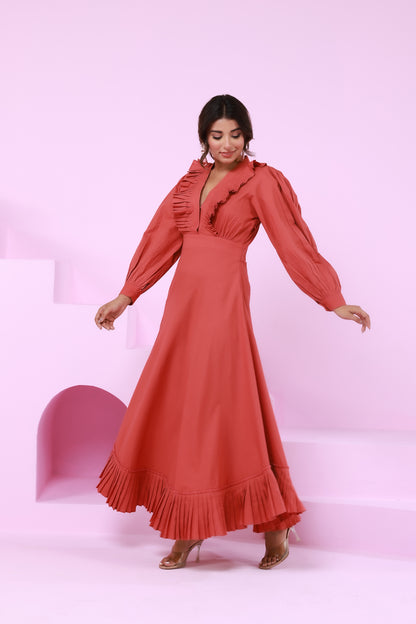 Full sleeve maxi dress with pleated ruffle hem