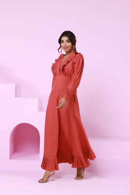 Full sleeve maxi dress with pleated ruffle hem
