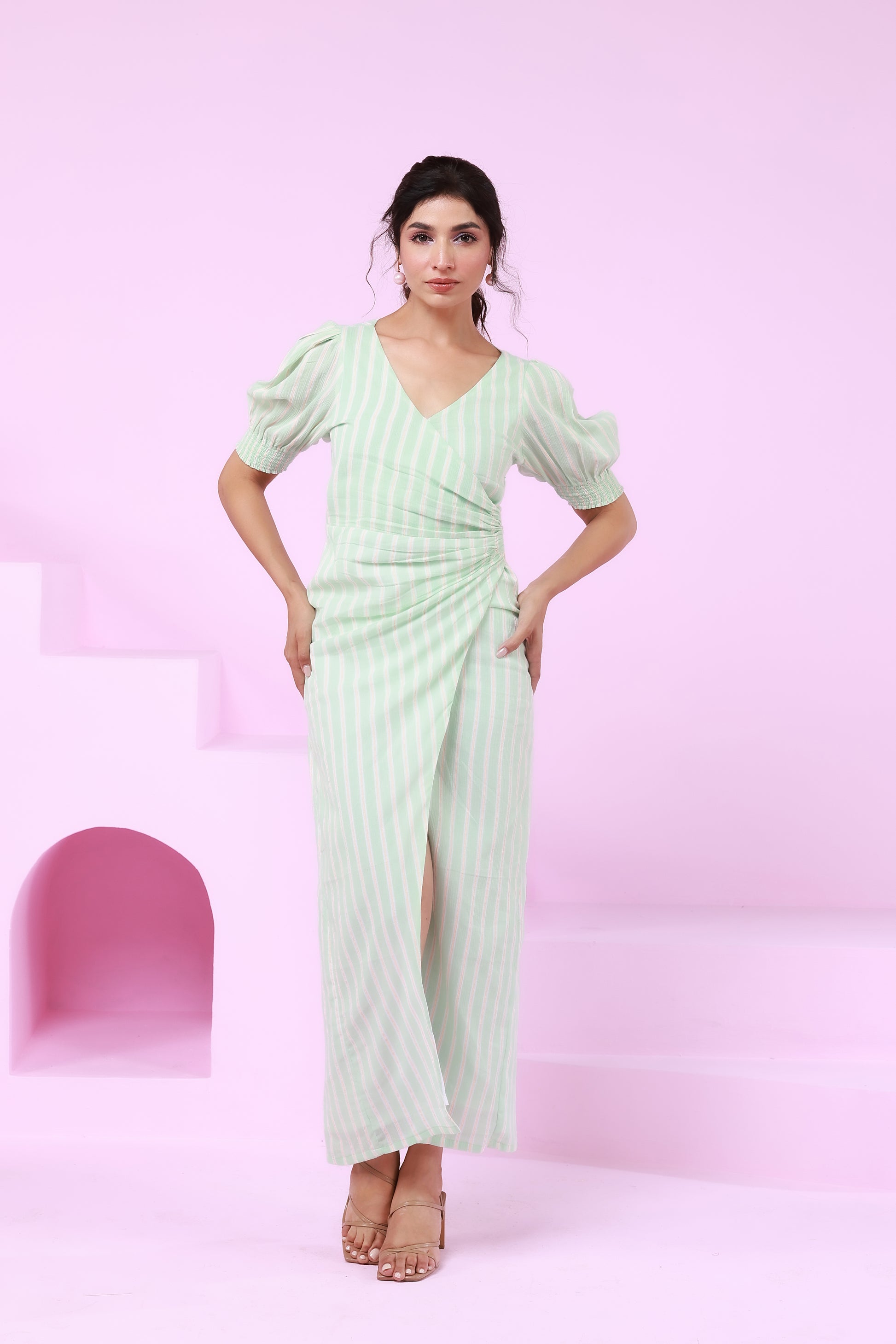 Green Stripped Straight Fit Waist Gathered Maxi Dress Moonstruck Green Stripped Straight Fit Waist Gathered Maxi Dress Moonstruck