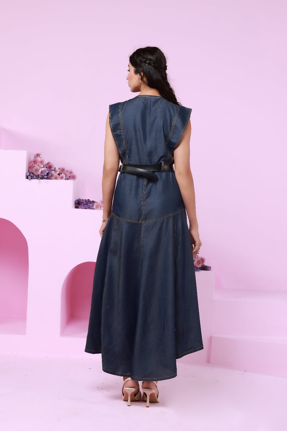 Ruffle princess sleeveless contrast seams fit & flarred denim maxi