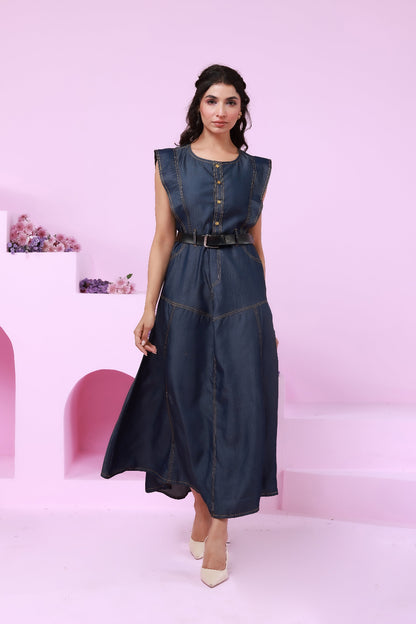 Ruffle princess sleeveless contrast seams fit & flarred denim maxi