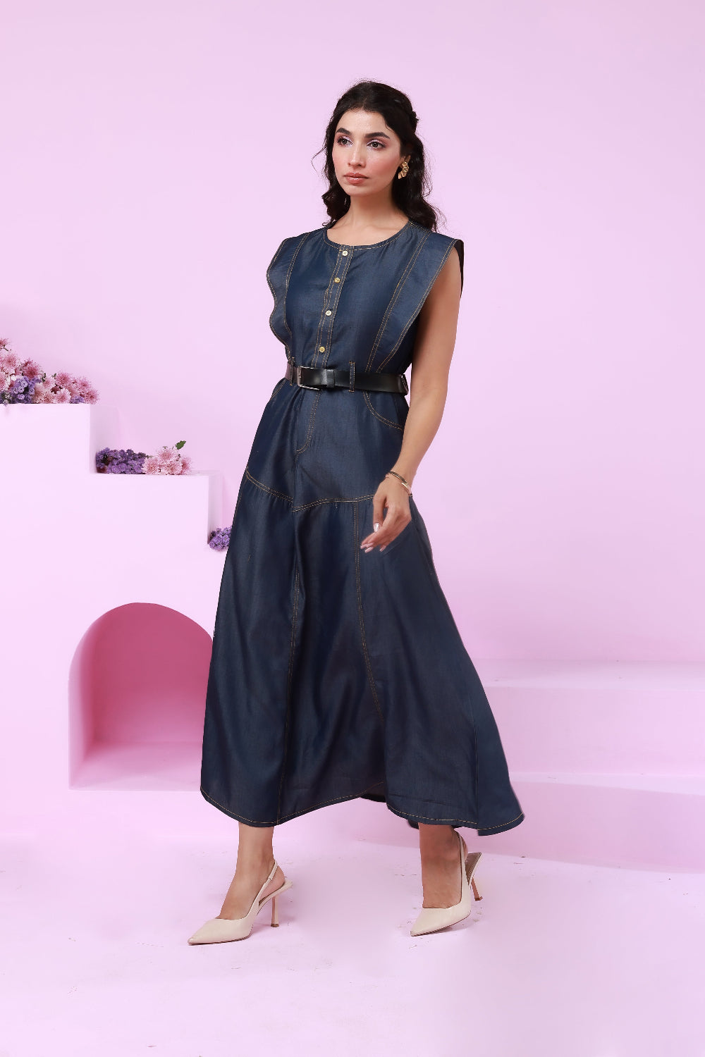 Ruffle princess sleeveless contrast seams fit & flarred denim maxi