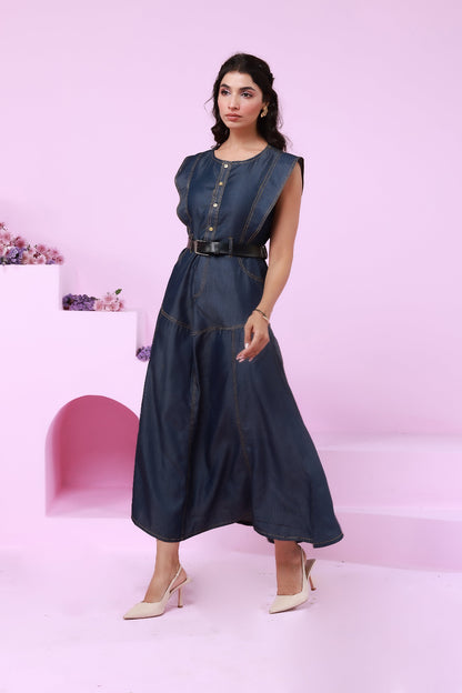 Ruffle princess sleeveless contrast seams fit & flarred denim maxi
