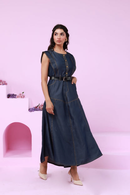 Ruffle princess sleeveless contrast seams fit & flarred denim maxi