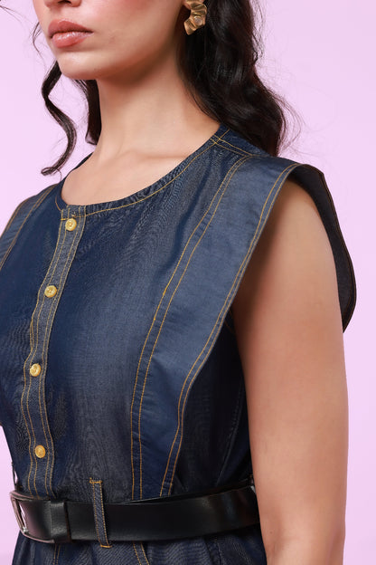 Ruffle princess sleeveless contrast seams fit & flarred denim maxi