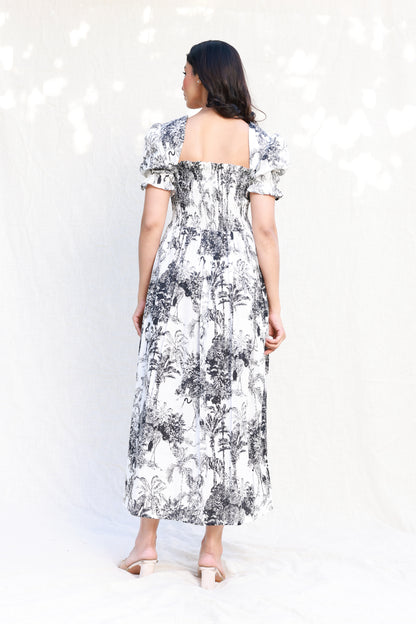 Palm Tree Print Midi Dress in Black and White