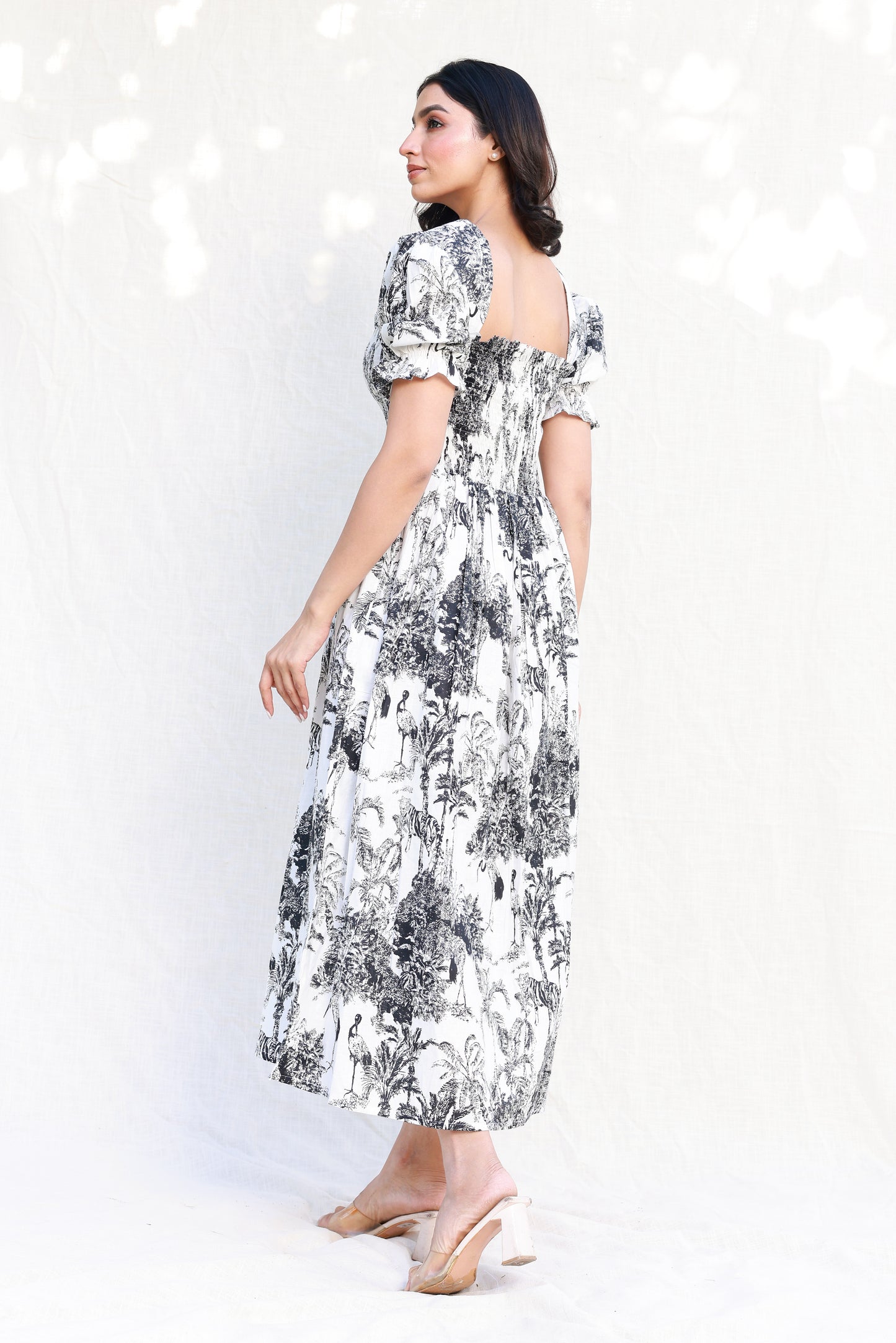 Palm Tree Print Midi Dress in Black and White