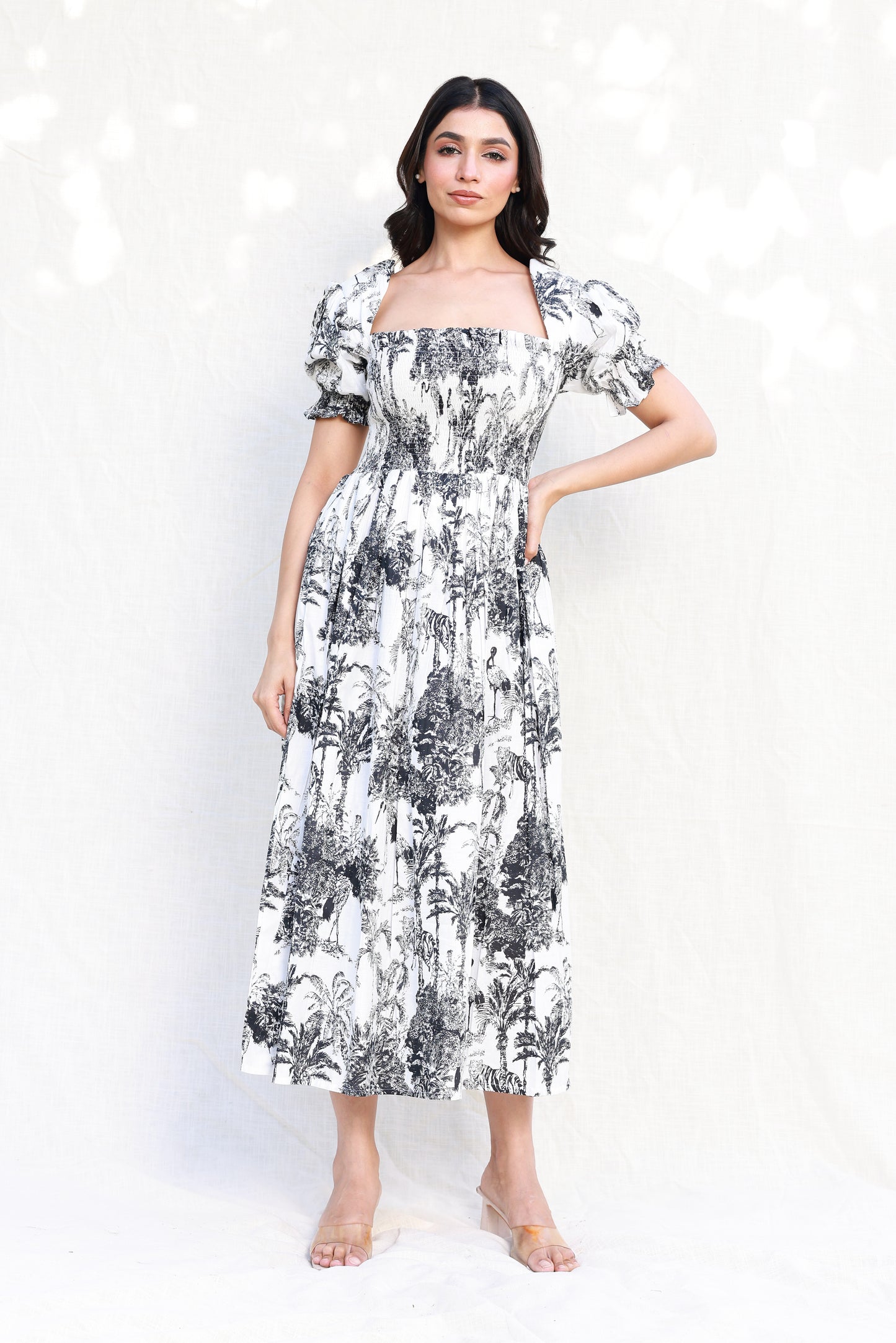 Palm Tree Print Midi Dress in Black and White