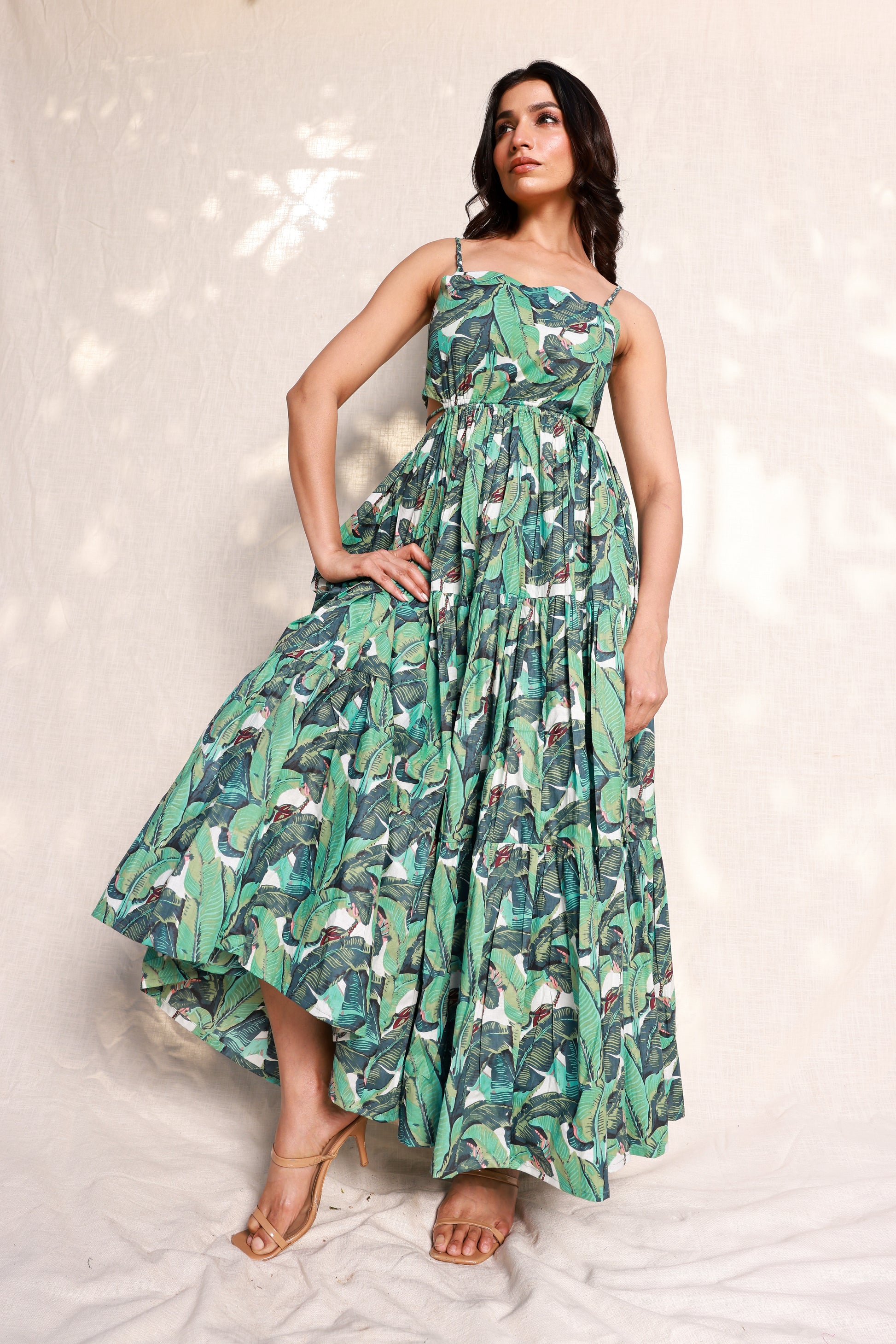 Green Maxi Dress with Banana Leaf Print and Waist-Cut Design Moonstruck Green Maxi Dress with Banana Leaf Print and Waist-Cut Design Moonstruck