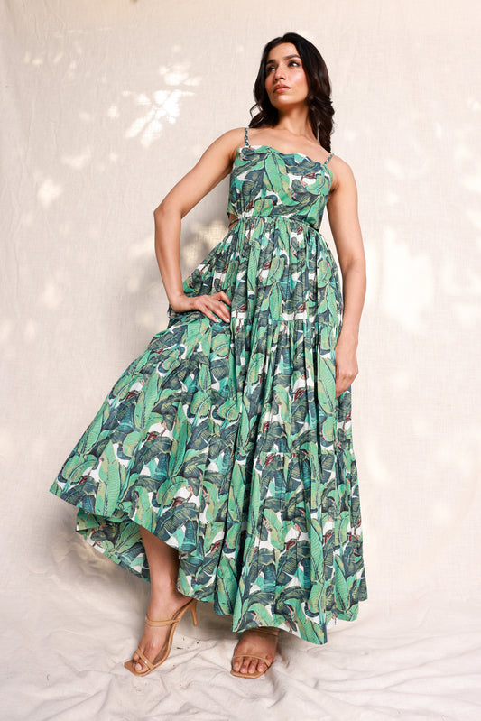 Green Maxi Dress with Banana Leaf Print and Waist-Cut Design